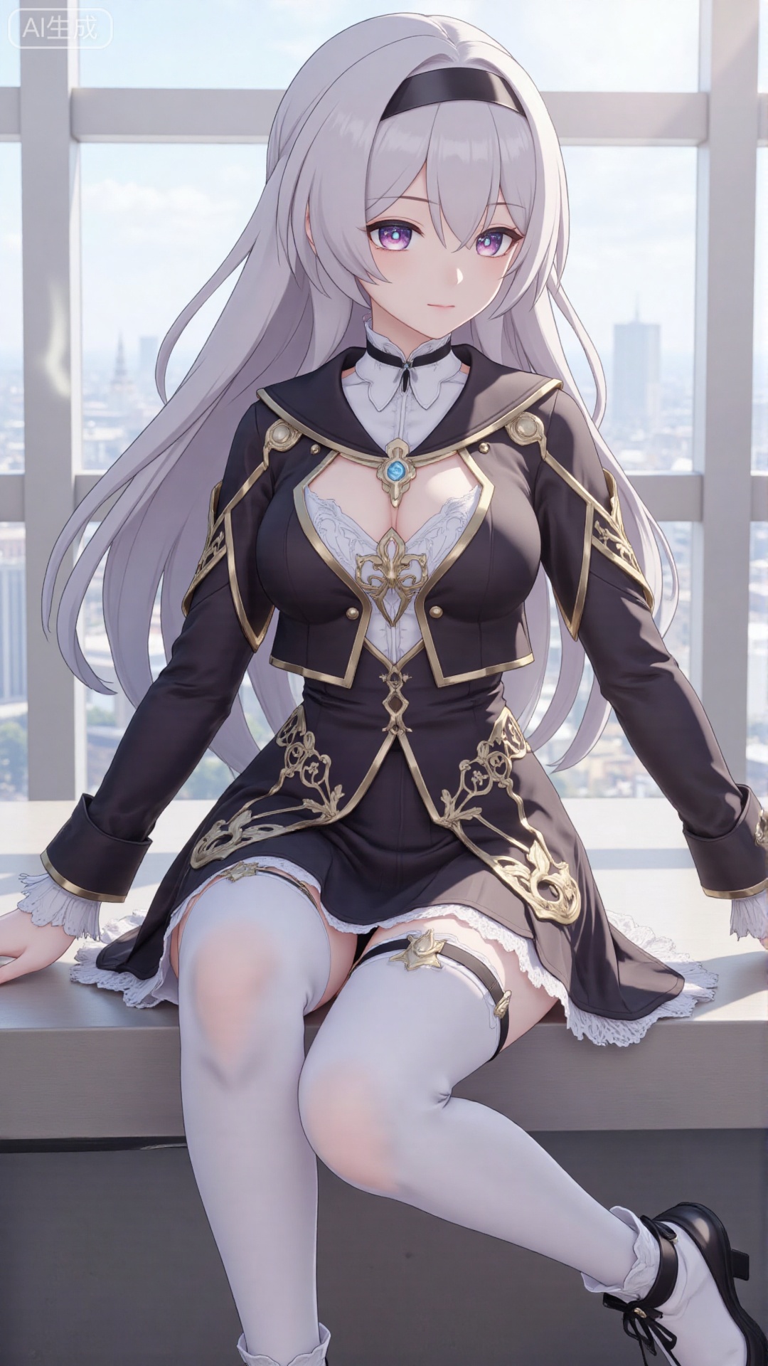 1girl, thighhighs, looking at viewer, bangs, long hair, purple eyes, headband, dress, long sleeves, mischevious smile, perfect body, scenery, sharp focus, best quality, masterpiece, detailed outfit, illustration, perfect eyes, finely detailed beautiful anime eyes, realistic skin, intricate details, best lighting, depth of field, ultra high resolution,sitting