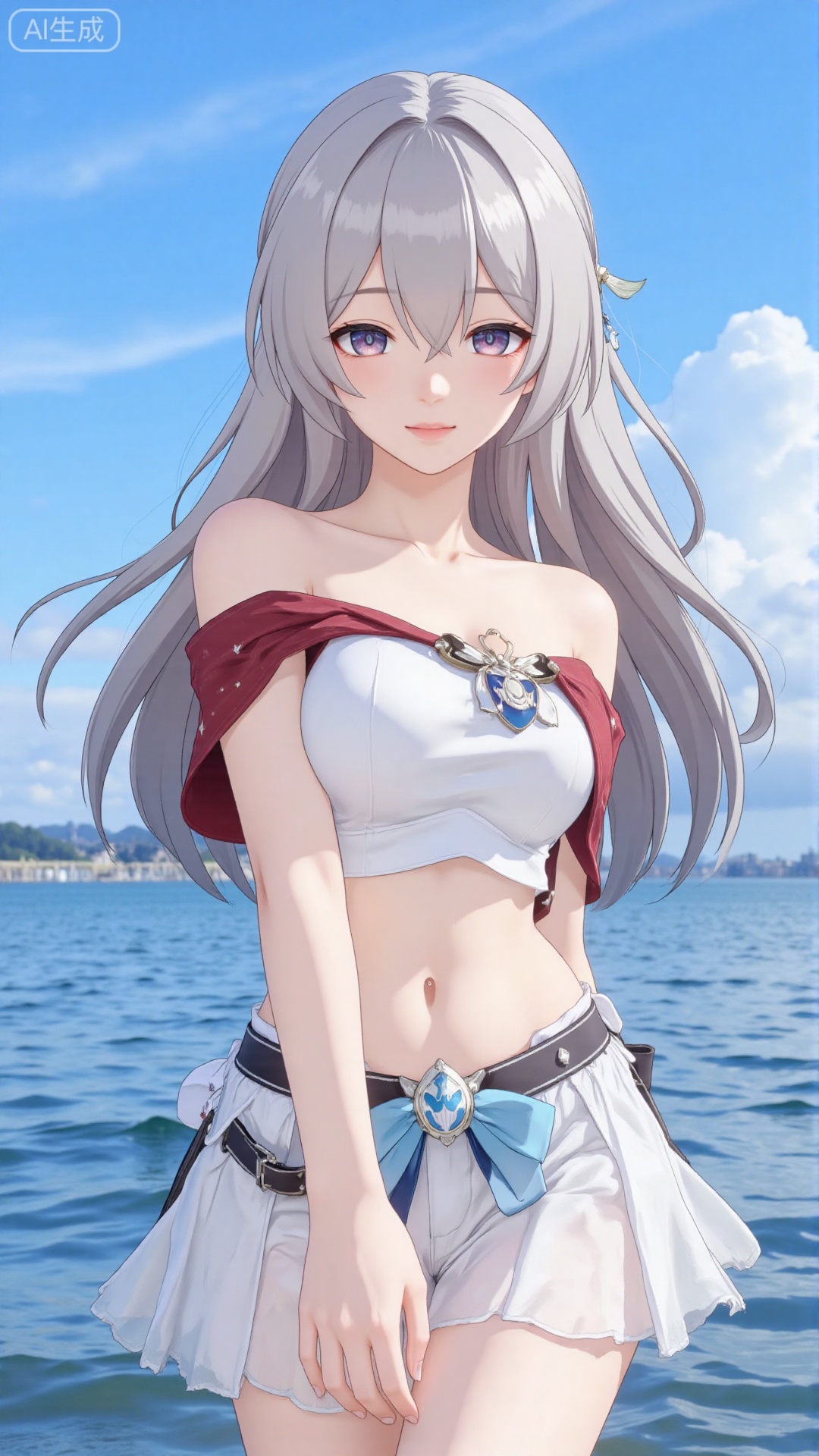Korean girl, single, showing navel, long hair, thighs, wearing shirt, outdoors, looking at viewer, realistic style, with water and sky, daytime, fair thighs, white tube top, short top, sea, lips, blue sky, short sleeves, smile, clouds, dark eyes, big eyes Eyes, plump breasts, plump breasts, chest, looking at the audience, looking at the screen, bare shoulders, collarbone, standing in the sea, (((upper body red short-sleeved, short top)), (((wearing a translucent The white gauze skirt and blue swimming trunks with the school team logo)) were soaked in the water and were soaked.
