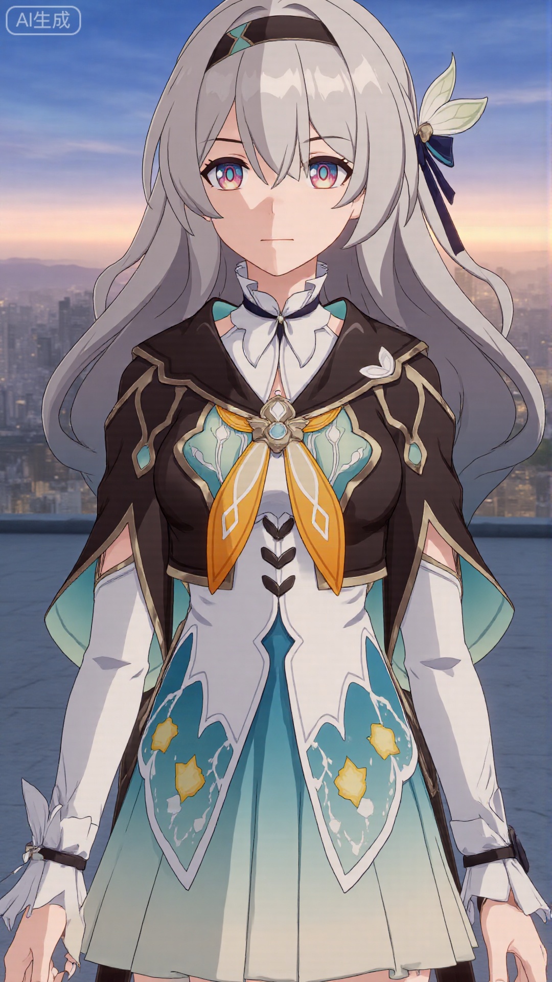 1girl, thighhighs, looking at viewer, bangs, long hair, purple eyes, headband, dress, long sleeves, mischevious smile, perfect body, scenery, sharp focus, best quality, masterpiece, detailed outfit, illustration, perfect eyes, finely detailed beautiful anime eyes, realistic skin, intricate details, best lighting, depth of field, ultra high resolution,cowboy_shot