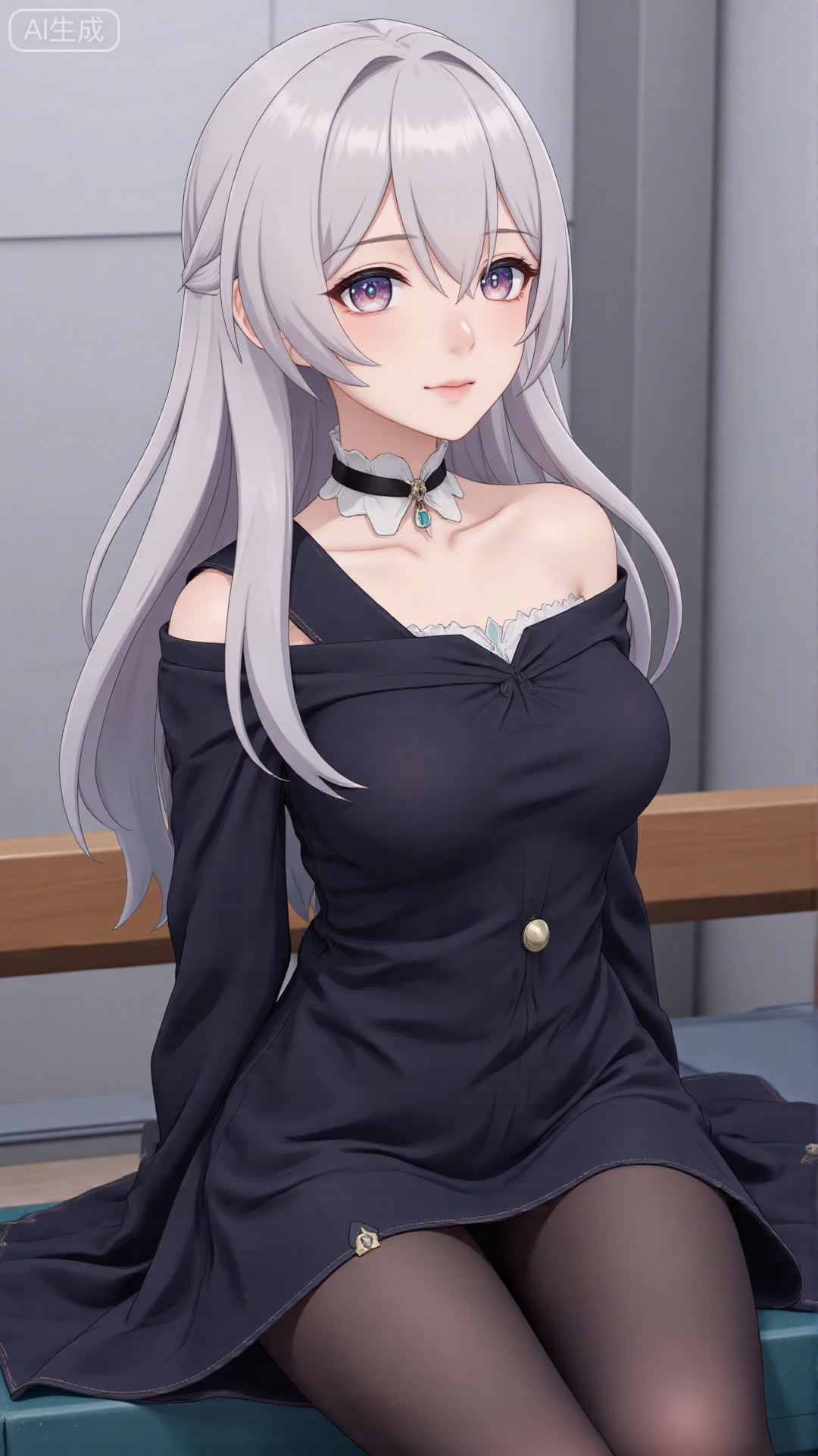 1girl, solo, long hair, looking at viewer, smile, sitting, collarbone, off shoulder, sweater, messy hair, realistic