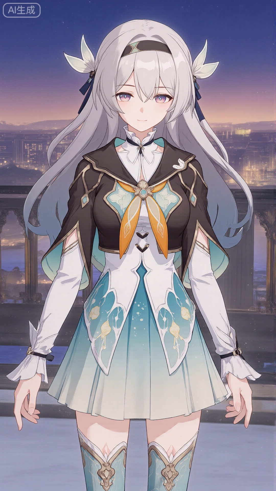 1girl, thighhighs, looking at viewer, bangs, long hair, purple eyes, headband, dress, long sleeves, mischevious smile, perfect body, scenery, sharp focus, best quality, masterpiece, detailed outfit, illustration, perfect eyes, finely detailed beautiful anime eyes, realistic skin, intricate details, best lighting, depth of field, ultra high resolution,cowboy_shot