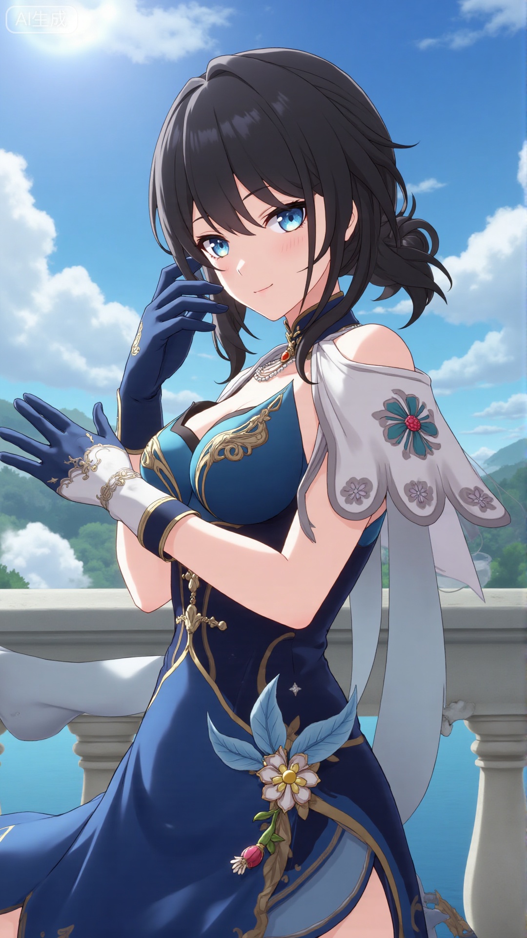 1girl, solo, gloves, dress, blue eyes, flower, black hair, blue dress, jewelry, hair ornament, looking at viewer, bangs, short sleeves, mischevious smile, perfect body, scenery, sharp focus, best quality, masterpiece, detailed outfit, illustration, perfect eyes, finely detailed beautiful anime eyes, realistic skin, intricate details, best lighting, depth of field, ultra high resolution, cowboy_shot