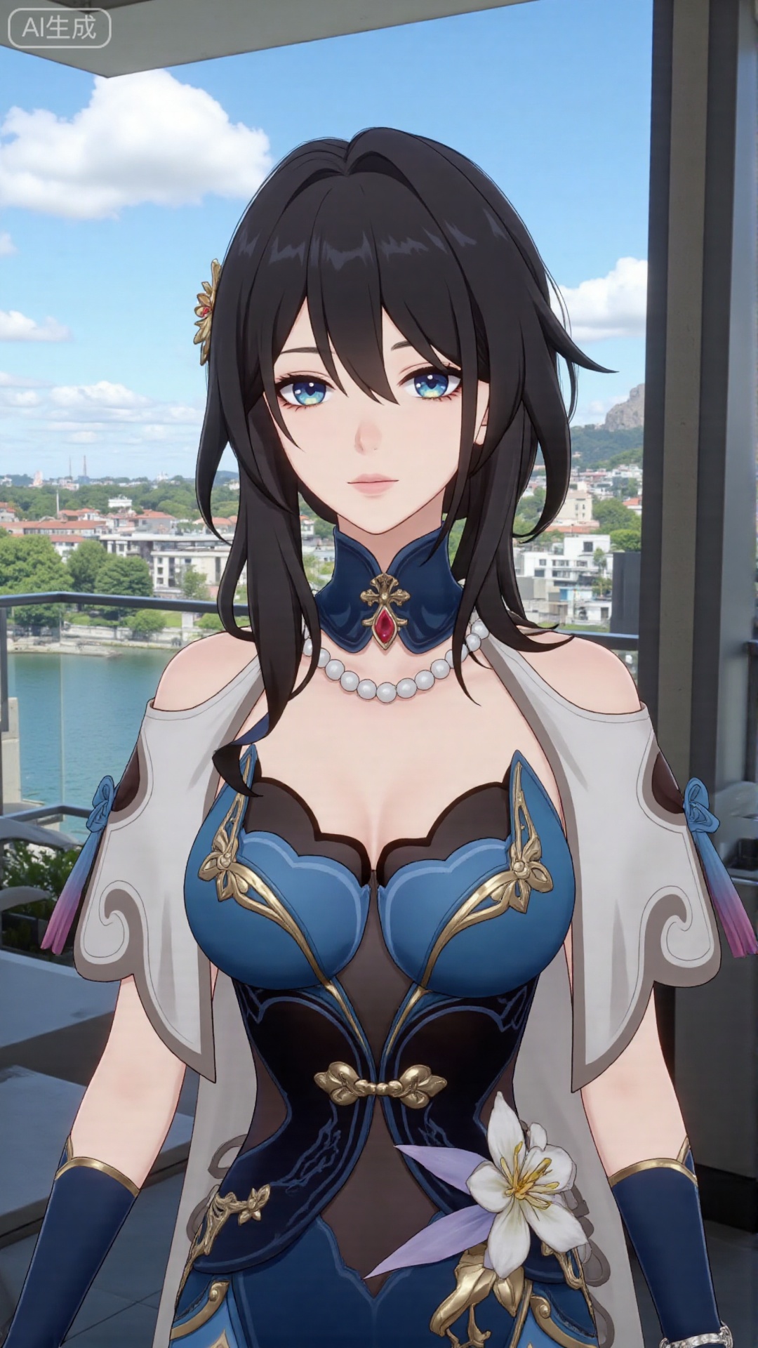 1girl, solo, gloves, dress, blue eyes, flower, black hair, blue dress, jewelry, hair ornament, looking at viewer, bangs, short sleeves, mischevious smile, perfect body, scenery, sharp focus, best quality, masterpiece, detailed outfit, illustration, perfect eyes, finely detailed beautiful anime eyes, realistic skin, intricate details, best lighting, depth of field, ultra high resolution, sitting