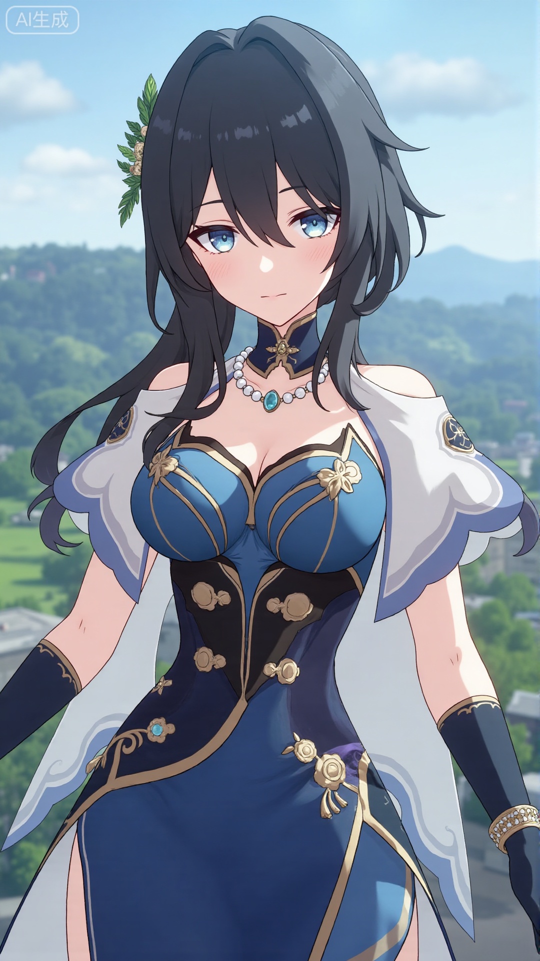 1girl, solo, gloves, dress, blue eyes, flower, black hair, blue dress, jewelry, hair ornament, looking at viewer, bangs, short sleeves, mischevious smile, perfect body, scenery, sharp focus, best quality, masterpiece, detailed outfit, illustration, perfect eyes, finely detailed beautiful anime eyes, realistic skin, intricate details, best lighting, depth of field, ultra high resolution, cowboy_shot