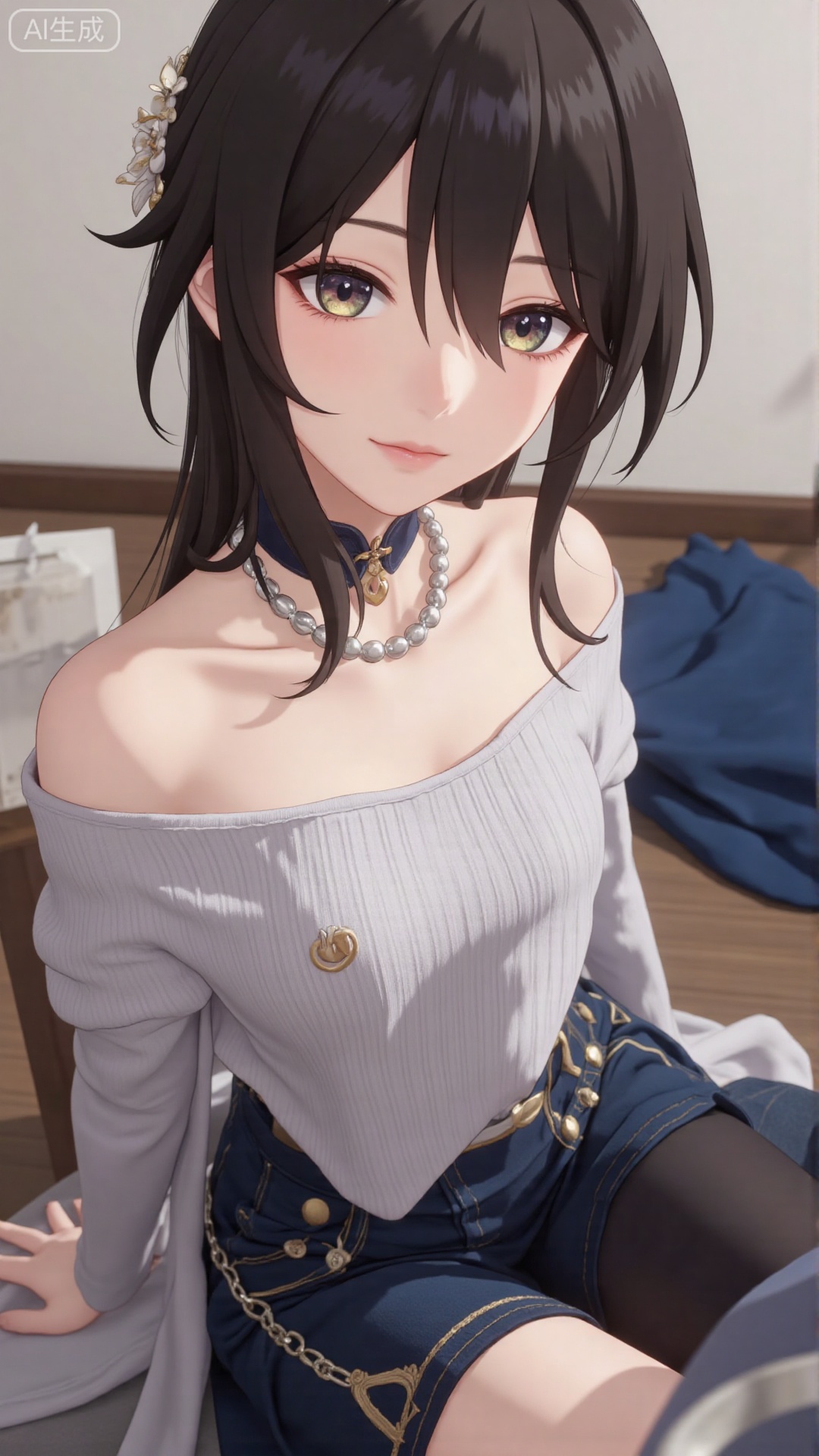 1girl, solo, long hair, looking at viewer, smile, sitting, collarbone, off shoulder, sweater, messy hair, realistic