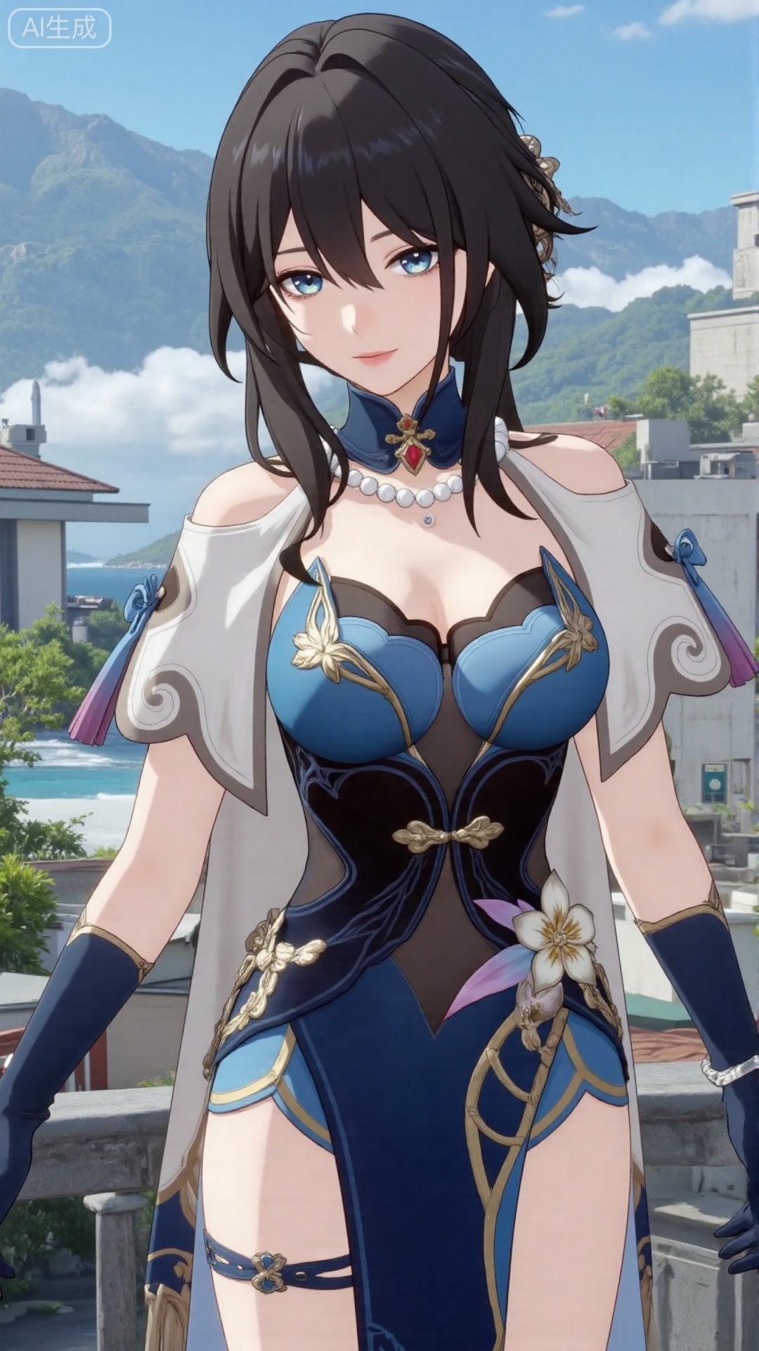 1girl, solo, gloves, dress, blue eyes, flower, black hair, blue dress, jewelry, hair ornament, looking at viewer, bangs, short sleeves, mischevious smile, perfect body, scenery, sharp focus, best quality, masterpiece, detailed outfit, illustration, perfect eyes, finely detailed beautiful anime eyes, realistic skin, intricate details, best lighting, depth of field, ultra high resolution, cowboy_shot