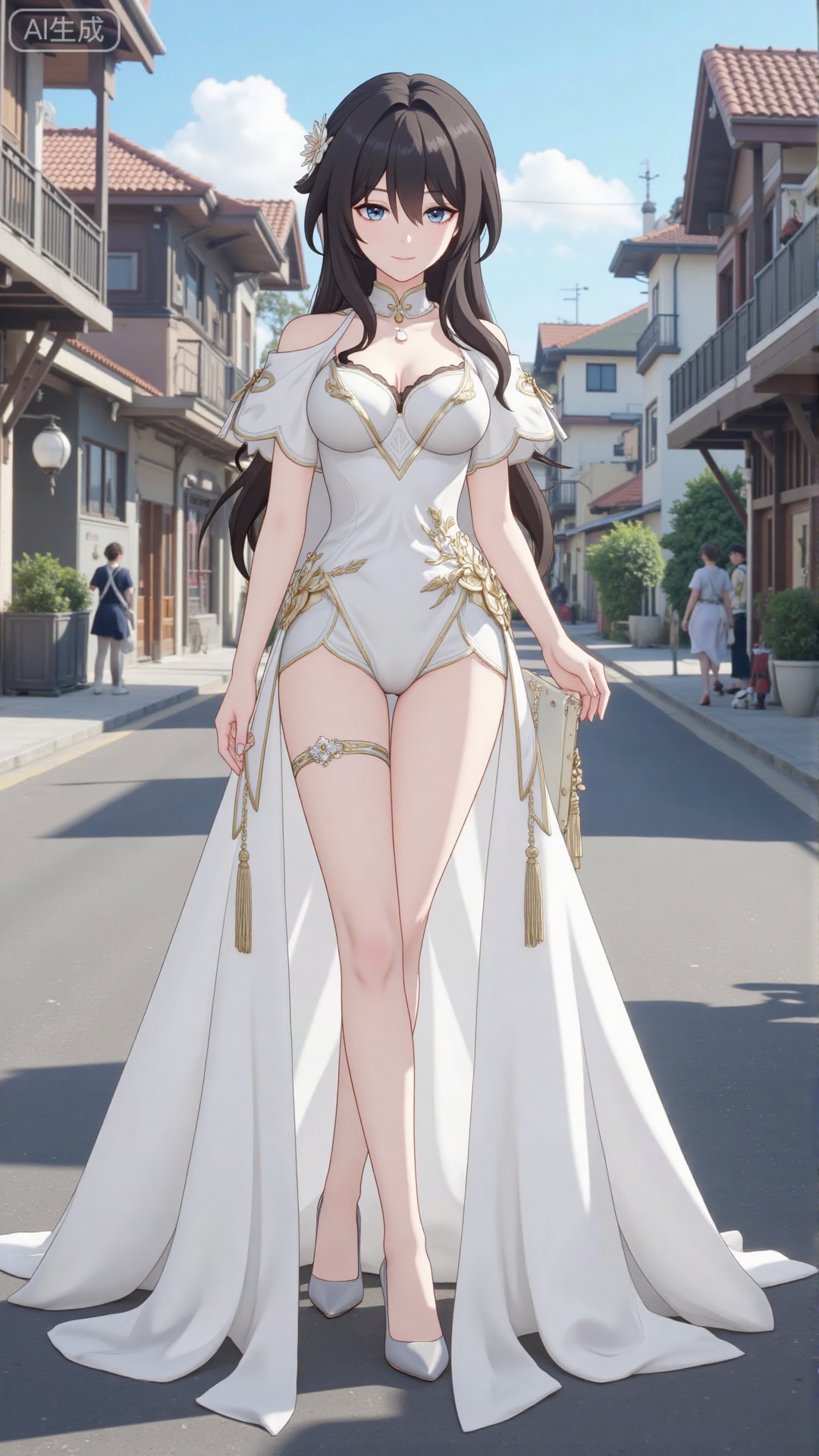 1girl, white wedding dress,looking at viewer, mischevious smile, perfect body, scenery, sharp focus, best quality, masterpiece, detailed outfit, illustration, perfect eyes, finely detailed beautiful anime eyes, realistic skin, intricate details, best lighting, depth of field, ultra high resolution, cowboy_shot, bride