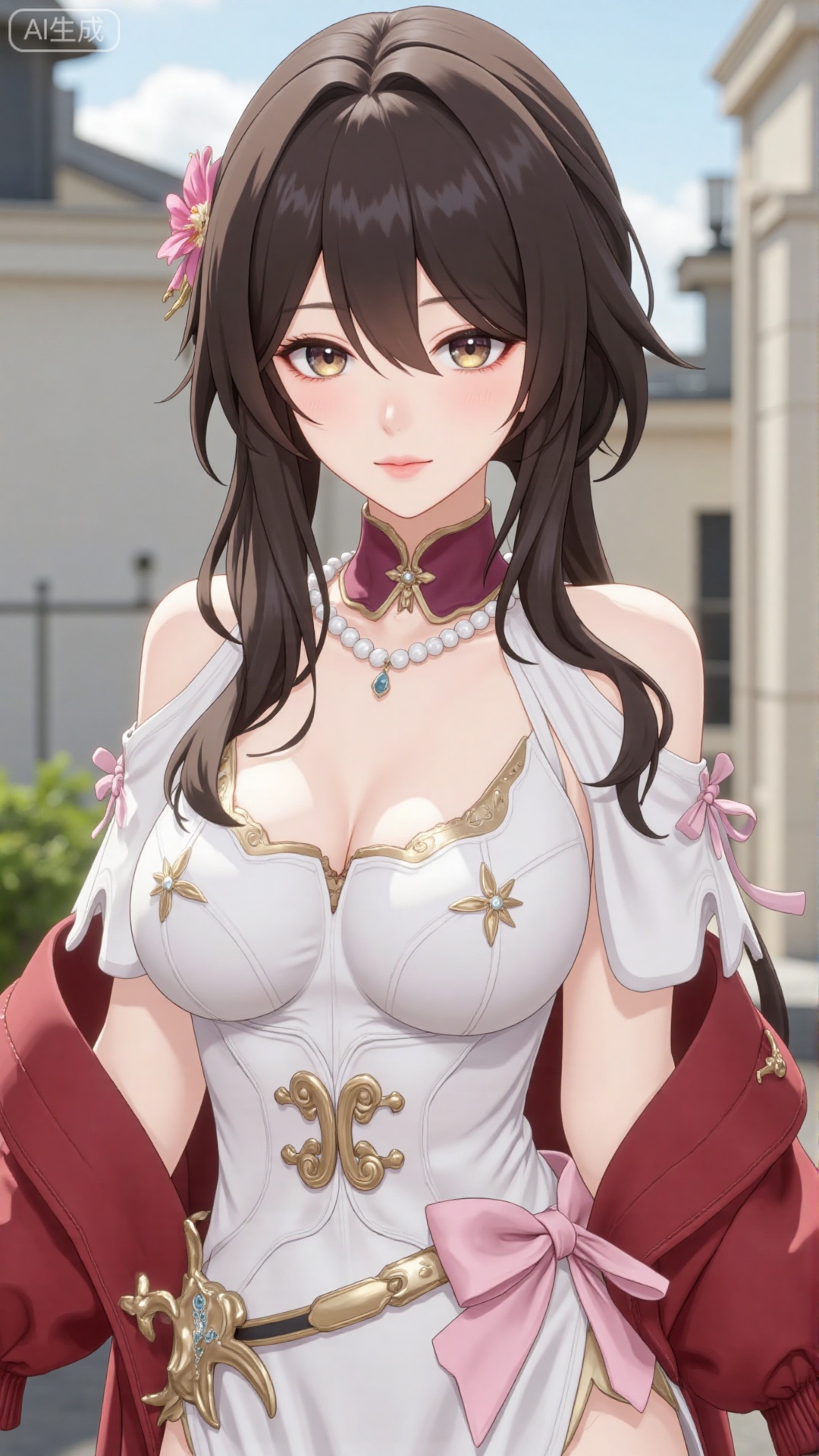 1girl,solo,jewelry,flower,hair flower,hair ornament,necklace,realistic,brown eyes,looking at viewer,dress,blurry background,twin braids,blurry,white dress,long hair,upper body,breasts,pink bow,red jacket,bare shoulders,lips,collarbone,outdoors,cleavage,large natural breast,soft breasts,huge Breasts