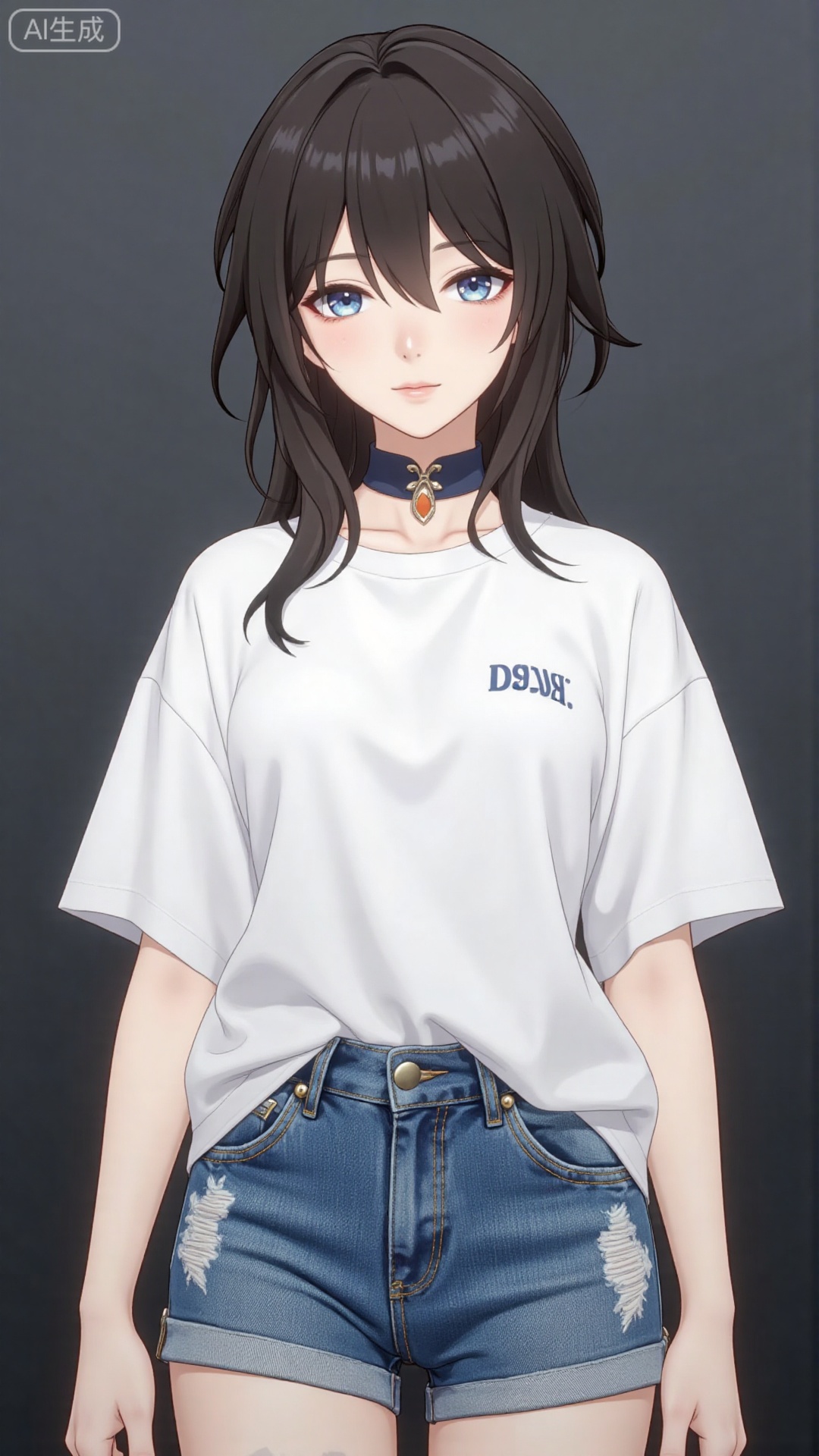 White t-shirt with ”Tim_Yi“ written on it, jeans shorts,1girl