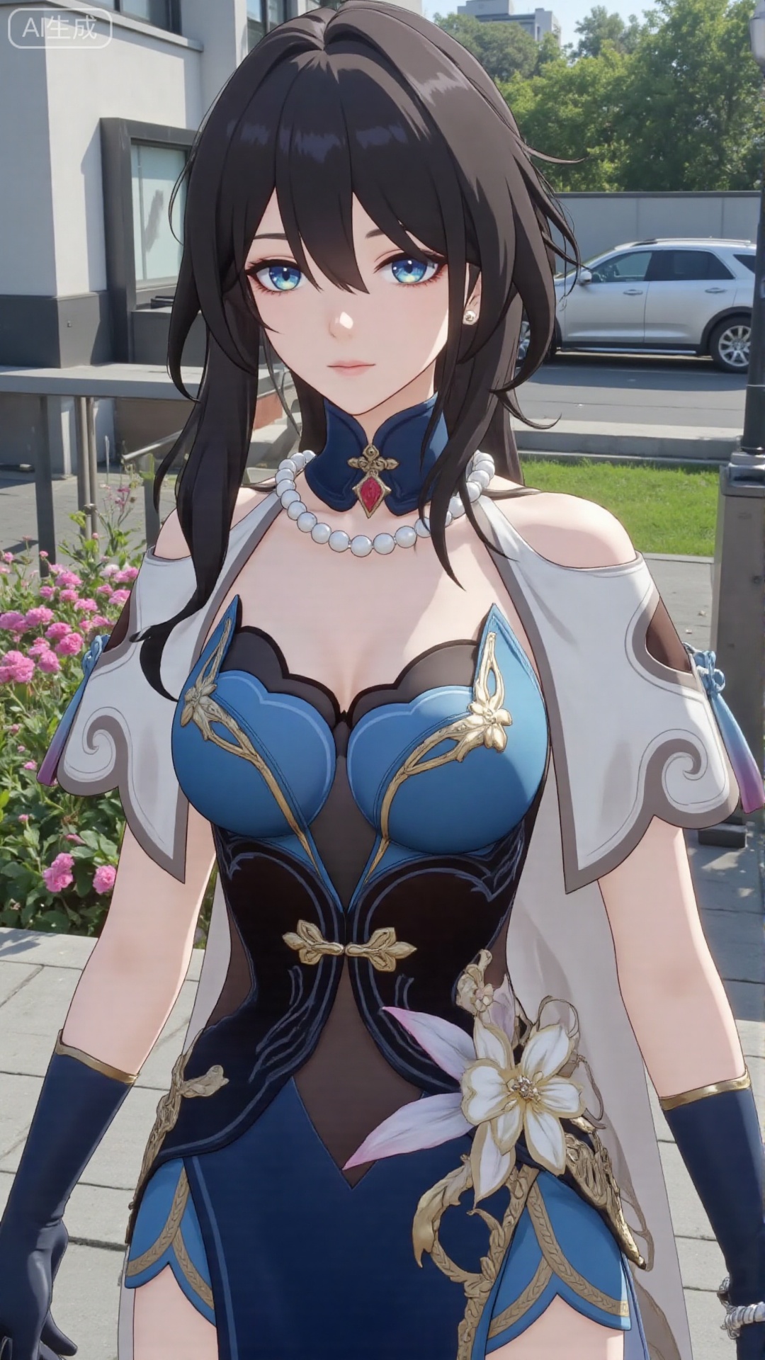 1girl, solo, gloves, dress, blue eyes, flower, black hair, blue dress, jewelry, hair ornament, looking at viewer, bangs, short sleeves, mischevious smile, perfect body, scenery, sharp focus, best quality, masterpiece, detailed outfit, illustration, perfect eyes, finely detailed beautiful anime eyes, realistic skin, intricate details, best lighting, depth of field, ultra high resolution, cowboy_shot