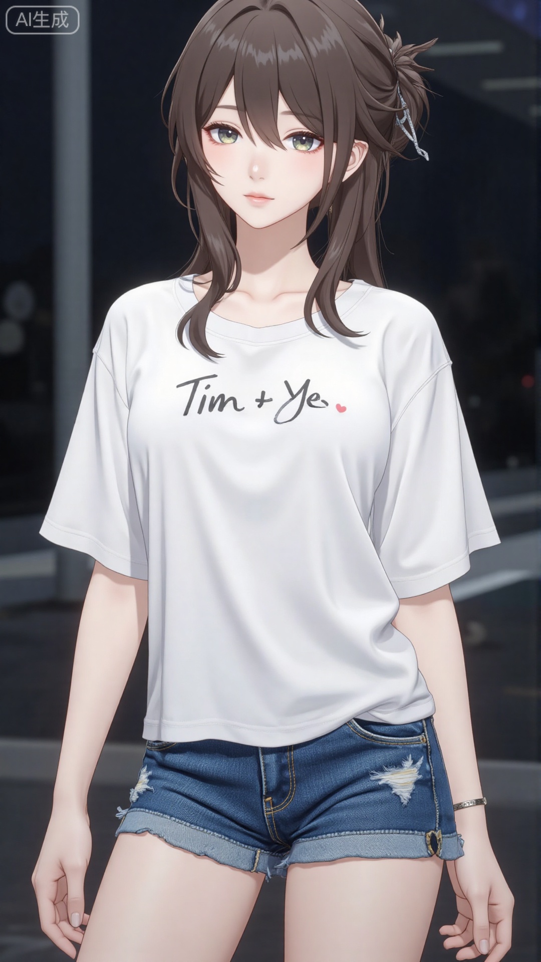 White t-shirt with ”Tim_Yi“ written on it, jeans shorts,1girl
