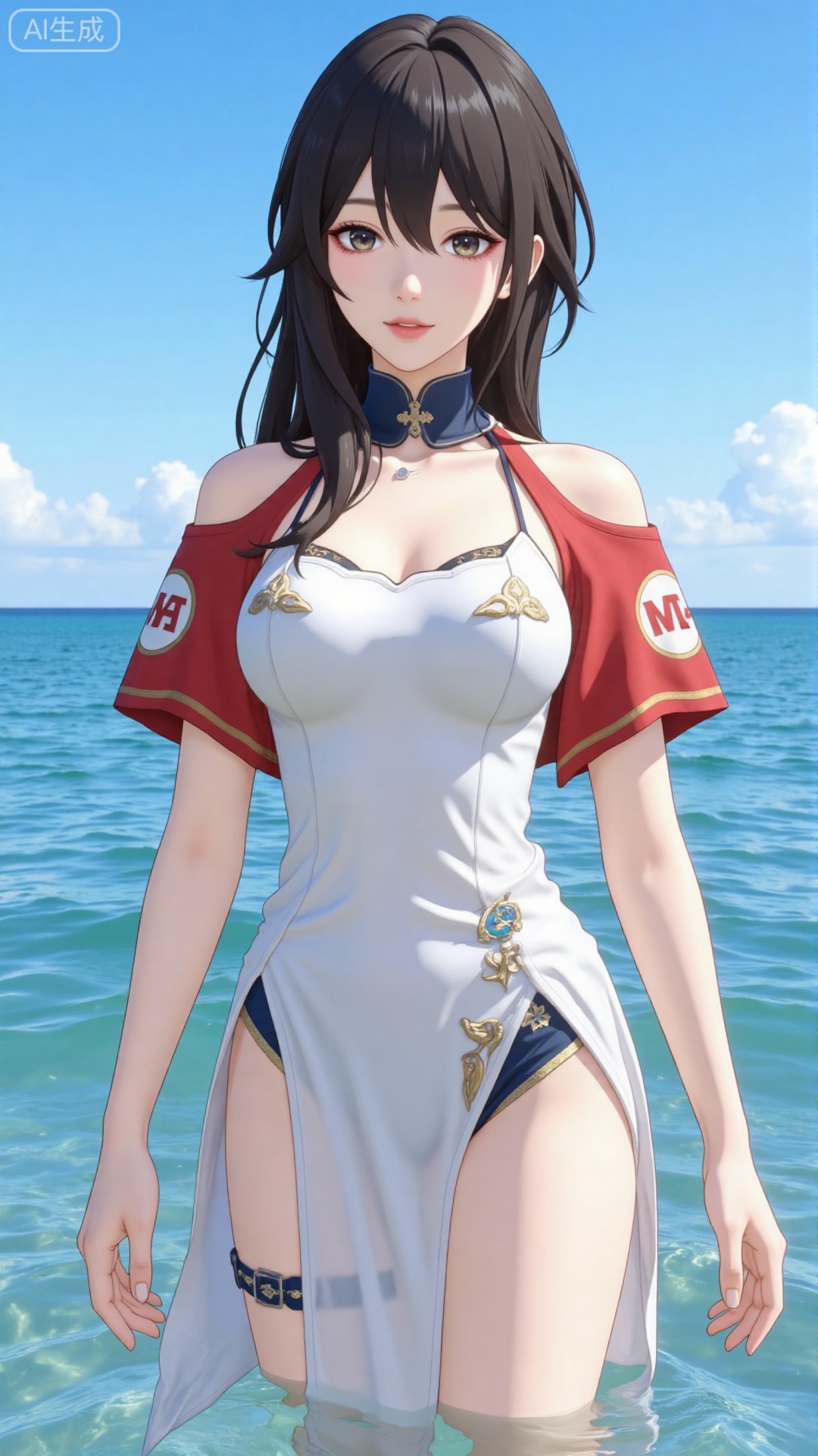 Korean girl, single, showing navel, long hair, thighs, wearing shirt, outdoors, looking at viewer, realistic style, with water and sky, daytime, fair thighs, white tube top, short top, sea, lips, blue sky, short sleeves, smile, clouds, dark eyes, big eyes Eyes, plump breasts, plump breasts, chest, looking at the audience, looking at the screen, bare shoulders, collarbone, standing in the sea, (((upper body red short-sleeved, short top)), (((wearing a translucent The white gauze skirt and blue swimming trunks with the school team logo)) were soaked in the water and were soaked.