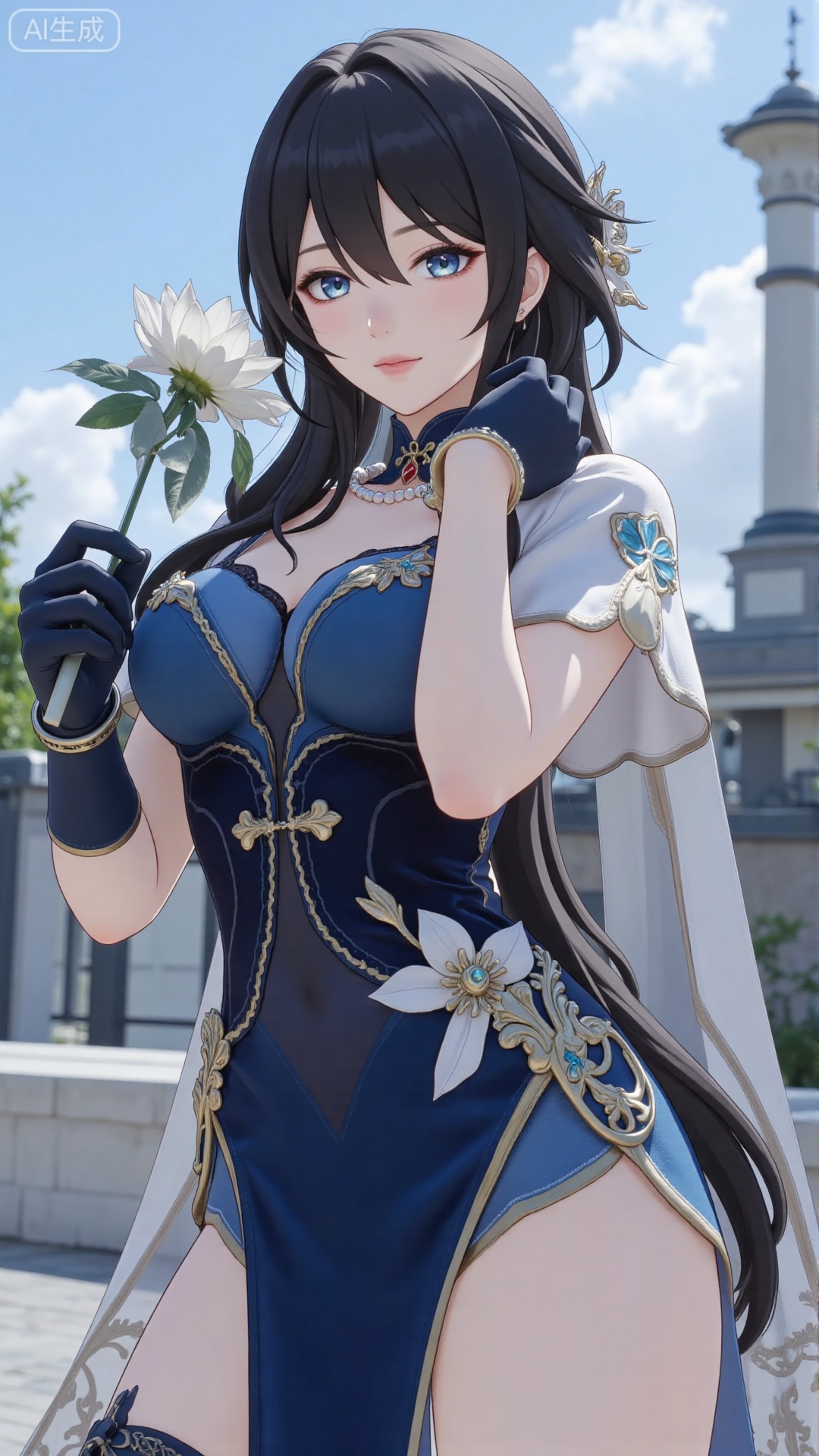 1girl, solo, gloves, dress, blue eyes, flower, black hair, blue dress, jewelry, hair ornament, looking at viewer, bangs, short sleeves, mischevious smile, perfect body, scenery, sharp focus, best quality, masterpiece, detailed outfit, illustration, perfect eyes, finely detailed beautiful anime eyes, realistic skin, intricate details, best lighting, depth of field, ultra high resolution, cowboy_shot