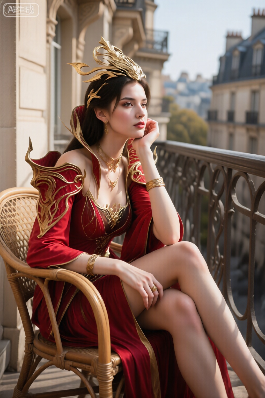 真实摄影照片,法式女性魅力典范,一位慵懒迷人的美女坐在巴黎风情的阳台藤椅上, ,一手托腮,眼神温柔,午后的阳光勾勒出她放松而性感的身体曲线。镜头参数：适马35mm f/1.4 Art, f/2.5, 1/100s, ISO 200。抖音法式风情,浪漫随性,奶油色调。,美杜莎,肩部护卫,红色和金色的长袍,戴着金色头饰