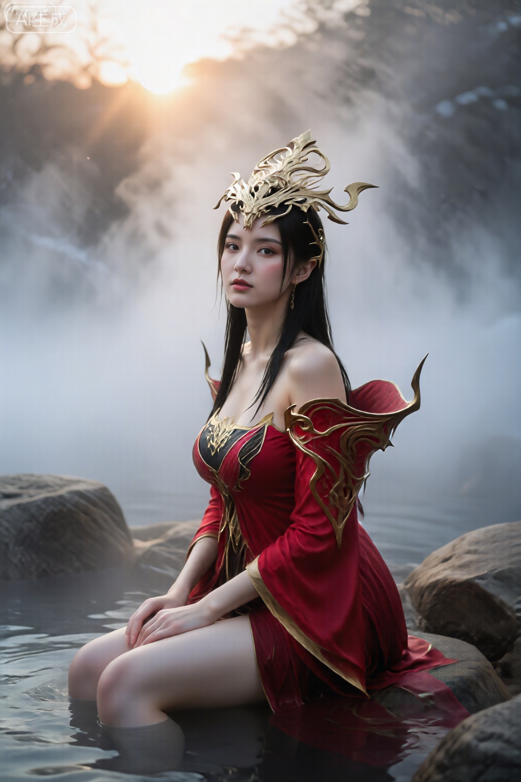 一位肌肤胜雪的女友,坐在露天温泉的岩石上,上半身构图。寒冷的冬日傍晚,温泉蒸腾起的大量热气在冷空气中遇冷,被夕阳的逆光穿透,形成了如梦似幻的氤氲光雾。
她乌黑的长发被打湿,贴在颈肩,脸上泛起红晕,,。 **镜头参数：** 85mm, f/2.2, ISO 400, 1/800s。 **核心关键词：** `冬日温泉`, `热气氤氲`, `光雾弥漫`, `湿发红晕`, `享受放松`, `冷暖对比`, `梦幻仙境``,看着镜头,
`,美杜莎,生动而火热的翅膀,红色和金色的长袍,戴着金色头饰