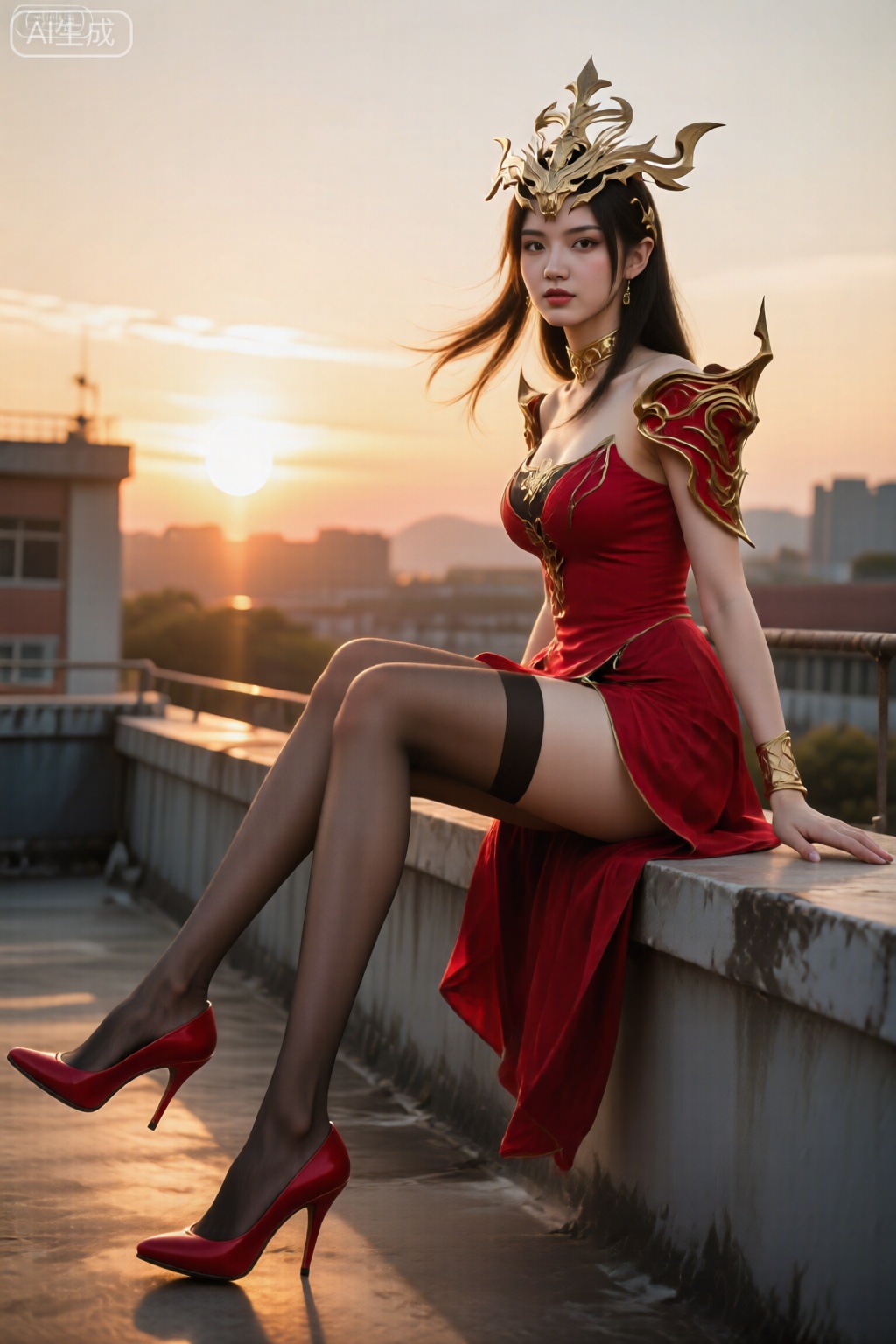 一位又甜又辣的女友,坐着,上半身构图,坐在学校天台的边缘。。她双腿悬空在外,,俏皮地前后摆动,尽情展示穿着和红色高跟鞋的纤长双腿。夕阳的金色逆光为她勾勒出轮廓,她回头对着镜头,又甜又飒。 **镜头参数：** 抖音流行广角镜头,等效35mm焦距,f/2.2光圈。利用广角轻微拉长腿部线条,同时捕捉壮丽的夕阳背景。使用反光板为面部补光。ISO 200,快门速度1/500s。 **画质与风格：** 画面色彩鲜艳,充满活力与动感。突出表现逆光的发丝、制服的细节和。风格是流行的“辣妹”风,视觉冲击力强。
,美杜莎,
 ,戴着金色头饰,肩部护卫,红色礼服