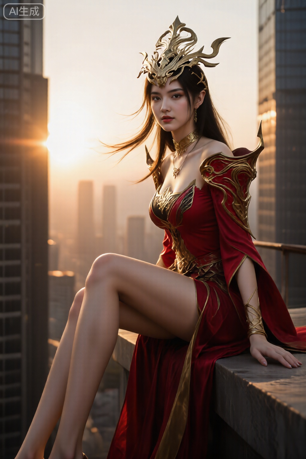 一位女神范女友,坐在高楼大厦边缘, 上半身构图, 大长腿, ,金色的夕阳逆光强烈地勾勒出她的身体轮廓和发丝光,她微微侧头望向镜头,眼神温柔中带着一丝深邃,嘴角含着幸福,
**镜头参数：** 85mm,f/2.2,ISO 200,1/500s（使用反光板补光),
**核心关键词：** `夕阳逆光`,`发丝光`,`侧颜回眸`,`温柔深邃`,`电影质感`,`氛围感女神`,`高级浪漫`,
,美杜莎,戴着金色头饰,肩部护卫,红色和金色的长袍