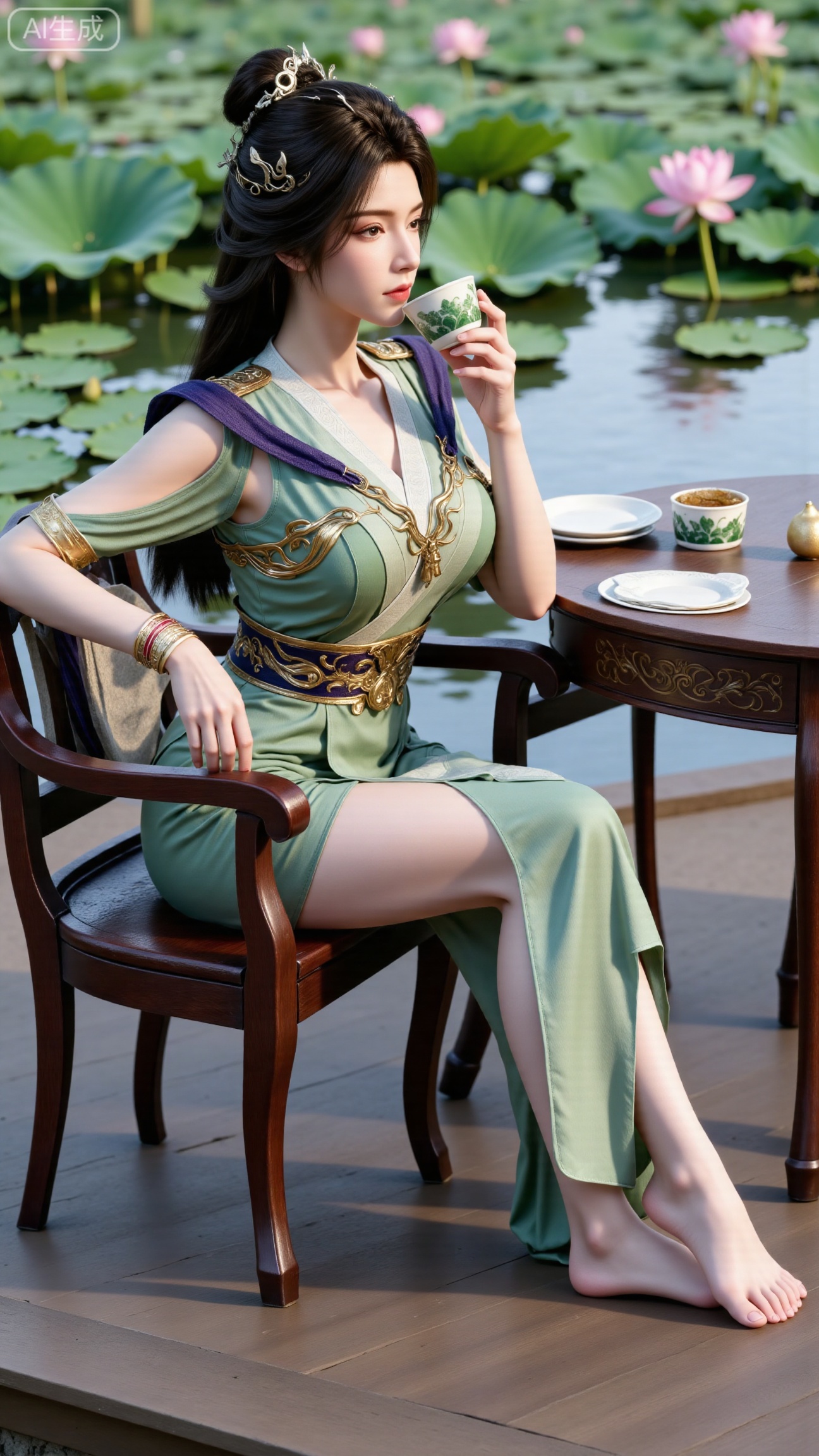  (masterpiece, best quality:1.2),1girl, solo, ornament, , breasts, no eye shadow, even lighting, Sitting, pavilion, Table, chair, drinking tea, Grasp Extremely gaiwan, side_view, very awa, room background,,(Stockings, high heels:1.29),(huge breasts:2.99),(full breasts:2.99),,(Background with lotus pond and pink lotus flowers:1.39),XbaifengsongyuYH,Xbigbreasts,XmengkeerXHY,XliuyuH,Xyuanyaohongyi,Xyuanyaoxizao,Xyuanyaomuyu,Xyuanyaohongqun,XhanyunzhiXM,Xzhaoxinmeng,XxinruyinXM