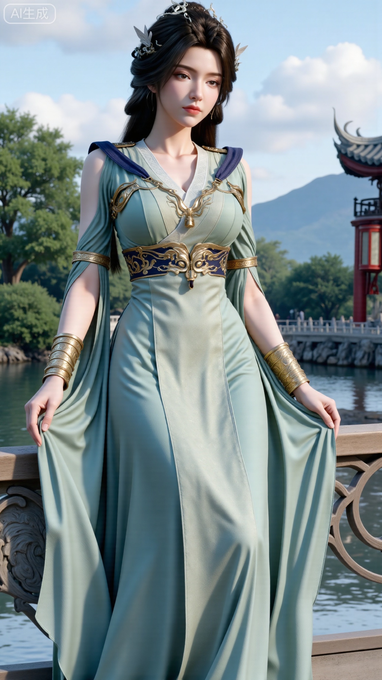 (masterpiece, best quality:1.2),1 girl, solo, long hair, black hair, hair accessories, clothing, cleavage cuts, long dress, jewelry, upper body, earrings. Background is outdoor, sky, clouds, water, trees, architecture, landscape, lantern, mountain, dragon, architecture, bridge, east Asian architecture, fog, pagoda,,(huge breasts:2.99),(full breasts:2.99),XbaifengsongyuYH,Xbigbreasts,XmengkeerXHY,XliuyuH,Xyuanyaohongyi,Xyuanyaoxizao,Xyuanyaomuyu,Xyuanyaohongqun,XhanyunzhiXM,Xzhaoxinmeng,XxinruyinXM