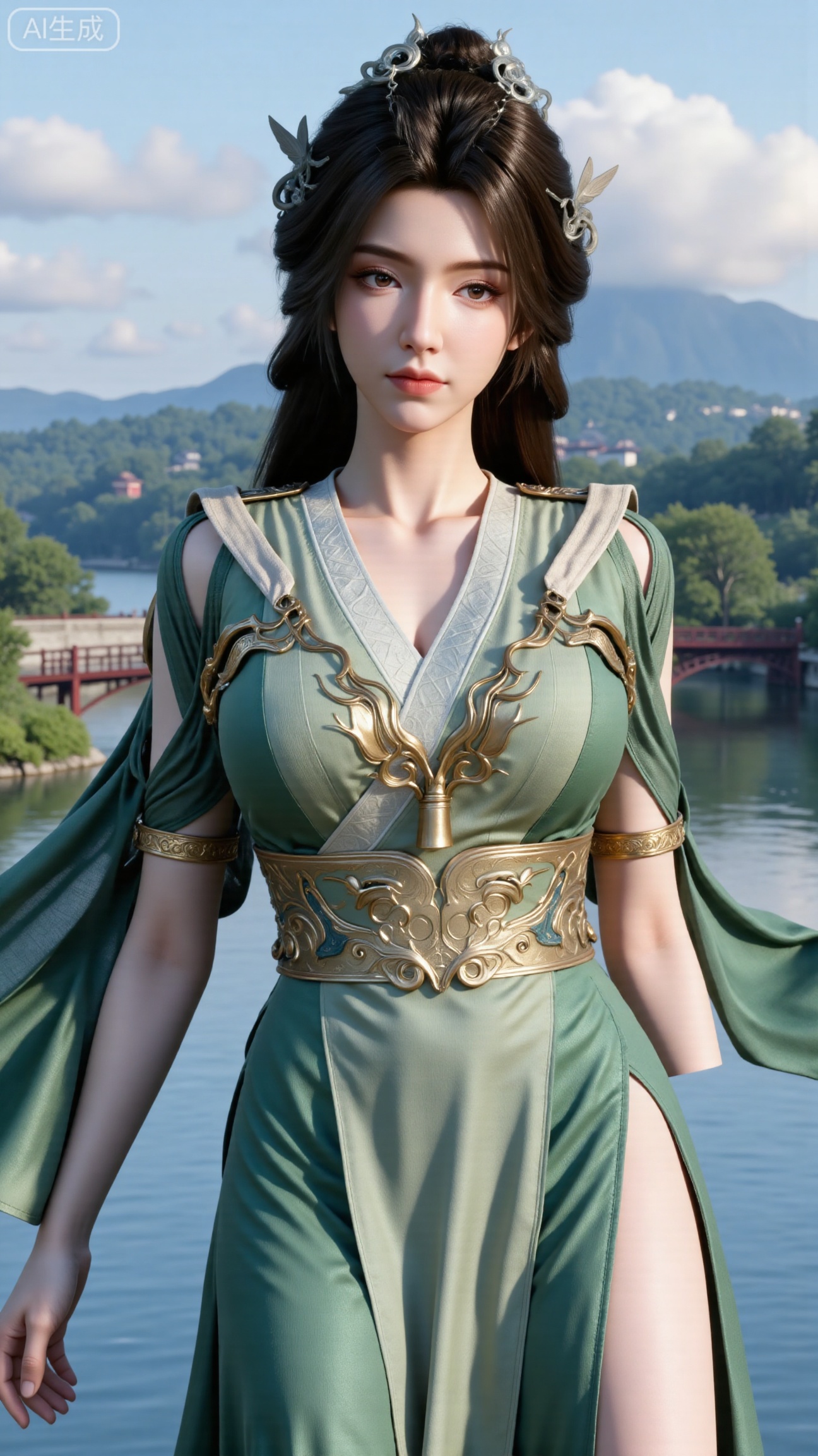(masterpiece, best quality:1.2),1 girl, solo, long hair, black hair, hair accessories, clothing, cleavage cuts, long dress, jewelry, upper body, earrings. Background is outdoor, sky, clouds, water, trees, architecture, landscape, lantern, mountain, dragon, architecture, bridge, east Asian architecture, fog, pagoda,,(huge breasts:2.99),(full breasts:2.99),XbaifengsongyuYH,Xbigbreasts,XmengkeerXHY,XliuyuH,Xyuanyaohongyi,Xyuanyaoxizao,Xyuanyaomuyu,Xyuanyaohongqun,XhanyunzhiXM,Xzhaoxinmeng,XxinruyinXM
