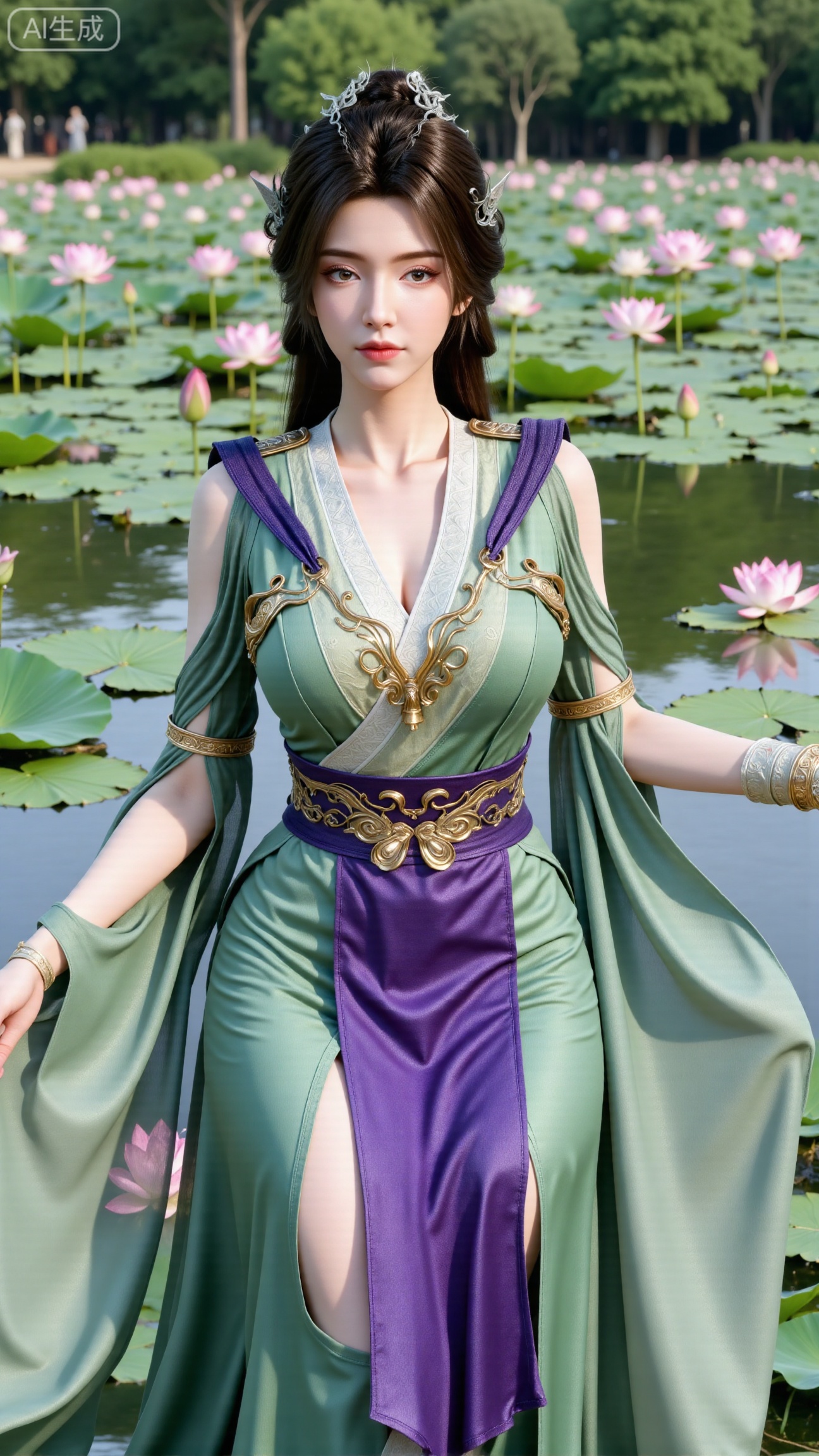 (masterpiece, best quality:1.2),1girl, navel, solo, midriff, bare shoulders, hair ornament,(long hair),(High double ponytail:1.19), red lips, BREAK, (looking at viewer:1.39), chinese clothes,(Holographic Color long dress:1.36), (lace,Rainbow Gradient Color:1.28), BREAK,blurry, solo focus, long hair, lips, daytime, lipstick, outdoors, standing,upper body,(huge breasts:2.89), background, solo, makeup,(Stockings, high heels:1.29),(huge breasts:2.99),(full breasts:2.99),,(Background with lotus pond and pink lotus flowers:1.39),XbaifengsongyuYH,Xbigbreasts,XmengkeerXHY,XliuyuH,Xyuanyaohongyi,Xyuanyaoxizao,Xyuanyaomuyu,Xyuanyaohongqun,XhanyunzhiXM,Xzhaoxinmeng,XxinruyinXM