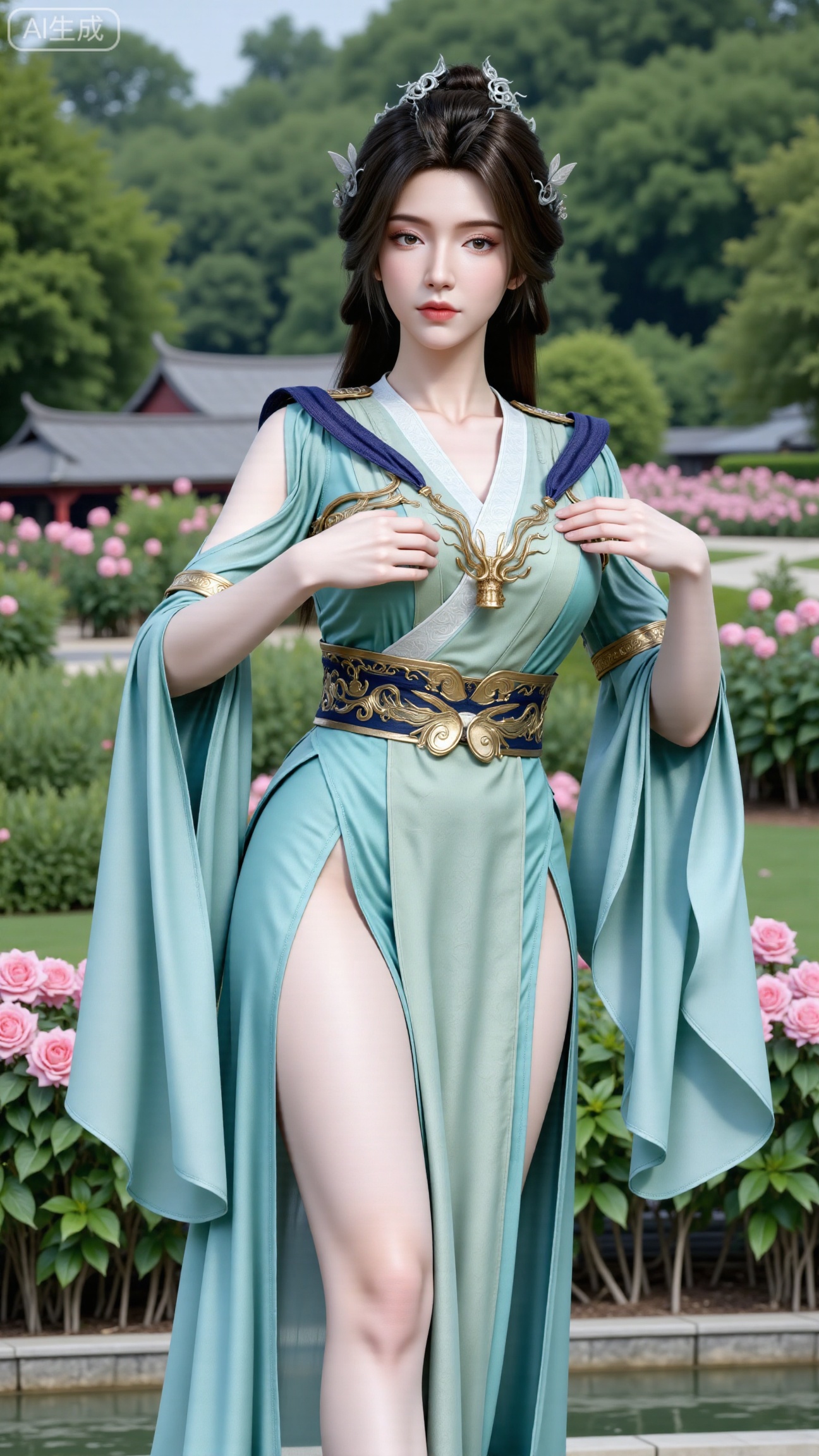  (masterpiece:1.2),best quality,,A woman adorned in traditional Chinese attire,( dress,black long hair),featuring a flowing robe with intricate embroidery and floral accents. A garden filled with pink roses and lush greenery. Soft pastel hues of white,blue,and green,creating a serene atmosphere. Photorealistic photography.,(huge breasts:2.99),(full breasts:2.99),,XbaifengsongyuYH,Xbigbreasts,XmengkeerXHY,XliuyuH,Xyuanyaohongyi,Xyuanyaoxizao,Xyuanyaomuyu,Xyuanyaohongqun,XhanyunzhiXM,Xzhaoxinmeng,XxinruyinXM
