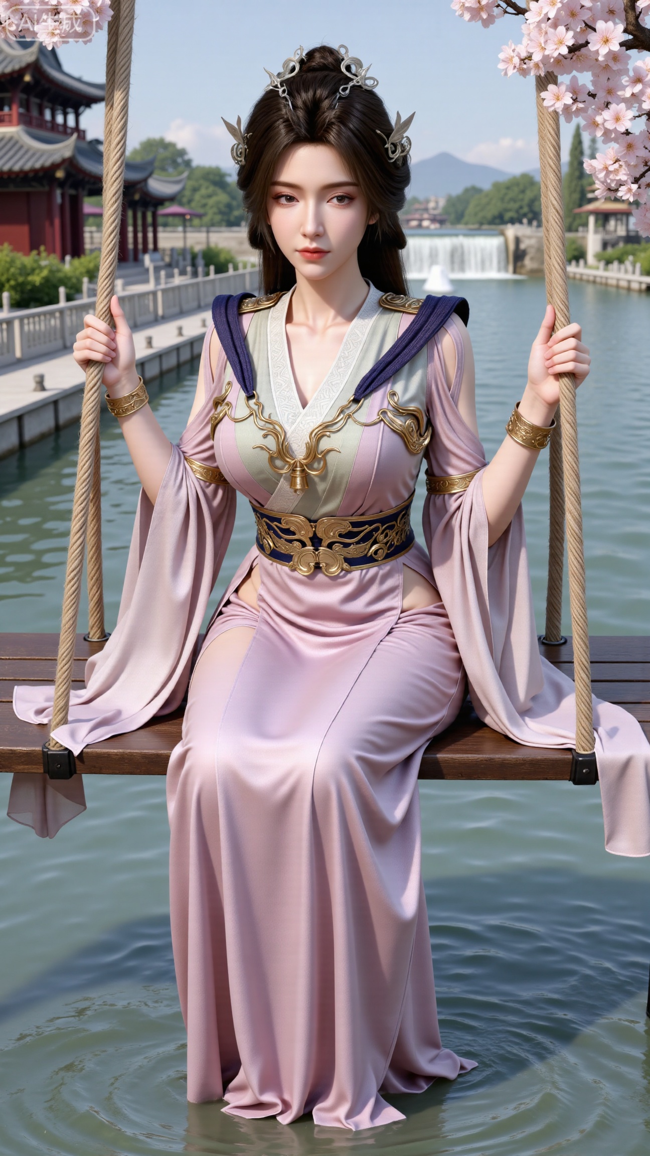  (masterpiece, top quality, best quality, official art, beautiful and aesthetic:1.2),Dynamic posture,(Sitting on the swing:1.39),natural skin texture,(Milky skin:1.2),1gir,solo,Dress, (Long legs, perfect proportions:1.2),(Sakura, butterfly:1.29),(huge breasts:2.99),(full breasts:2.99),castle, waterfall, mountains in the distance,XbaifengsongyuYH,Xbigbreasts,XmengkeerXHY,XliuyuH,Xyuanyaohongyi,Xyuanyaoxizao,Xyuanyaomuyu,Xyuanyaohongqun,XhanyunzhiXM,Xzhaoxinmeng,XxinruyinXM