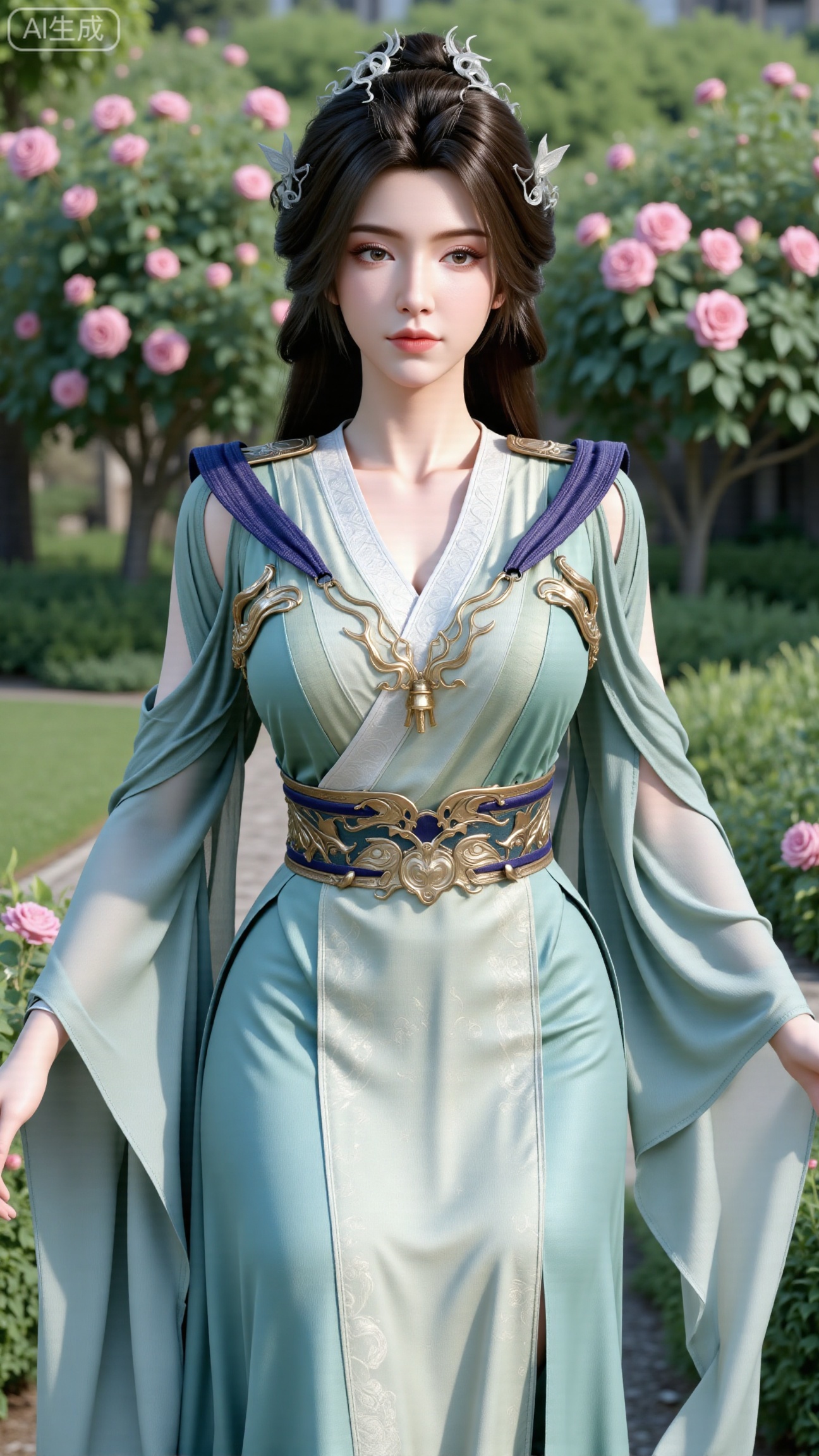 (masterpiece:1.2),best quality,,A woman adorned in traditional Chinese attire,( dress,black long hair),featuring a flowing robe with intricate embroidery and floral accents. A garden filled with pink roses and lush greenery. Soft pastel hues of white,blue,and green,creating a serene atmosphere. Photorealistic photography.,(huge breasts:2.99),(full breasts:2.99),,Xbigbreasts,XbaifengsongyuYH,XzhenniteH,XliuyuH,XfenghuangqipaoXF,XfenghuangqipaoXF,Xyuanyaohongqun,Xyuanyaomuyu,Xyuanyaoxizao,Xyuanyaohongyi,Xqixiucosplay,Xyechangong,XyechangongXF,XxinruyinXM,XhanyunzhiX,Xzhaoxinmeng,XhanyunzhiXM