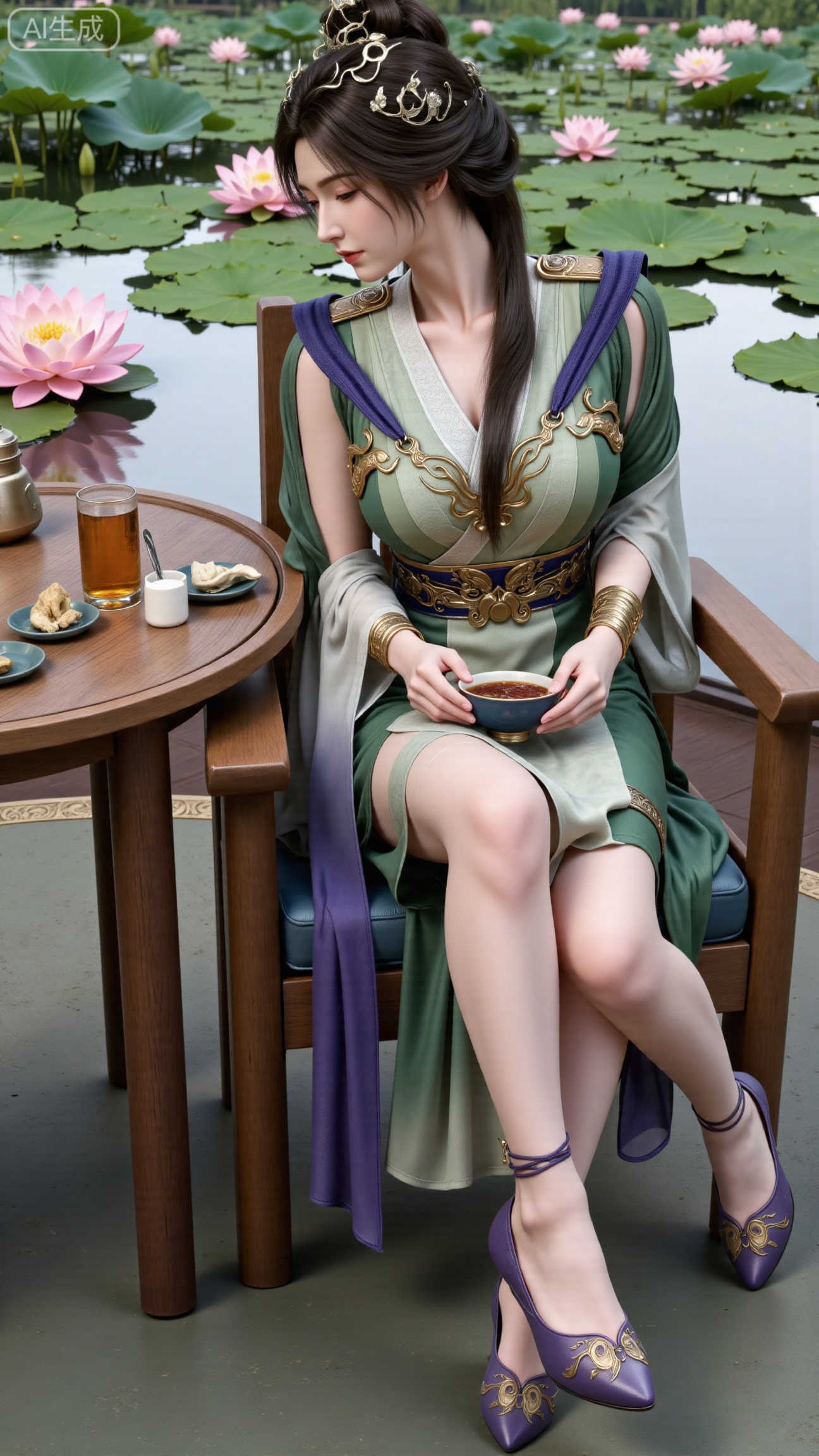  (masterpiece, best quality:1.2),1girl, solo, ornament, , breasts, no eye shadow, even lighting, Sitting, pavilion, Table, chair, drinking tea, Grasp Extremely gaiwan, side_view, very awa, room background,,(Stockings, high heels:1.29),(huge breasts:2.99),(full breasts:2.99),,(Background with lotus pond and pink lotus flowers:1.39),Xbigbreasts,XbaifengsongyuYH,XzhenniteH,XliuyuH,XfenghuangqipaoXF,XfenghuangqipaoXF,Xyuanyaohongqun,Xyuanyaomuyu,Xyuanyaoxizao,Xyuanyaohongyi,Xqixiucosplay,Xyechangong,XyechangongXF,XxinruyinXM,XhanyunzhiX,Xzhaoxinmeng,XhanyunzhiXM
