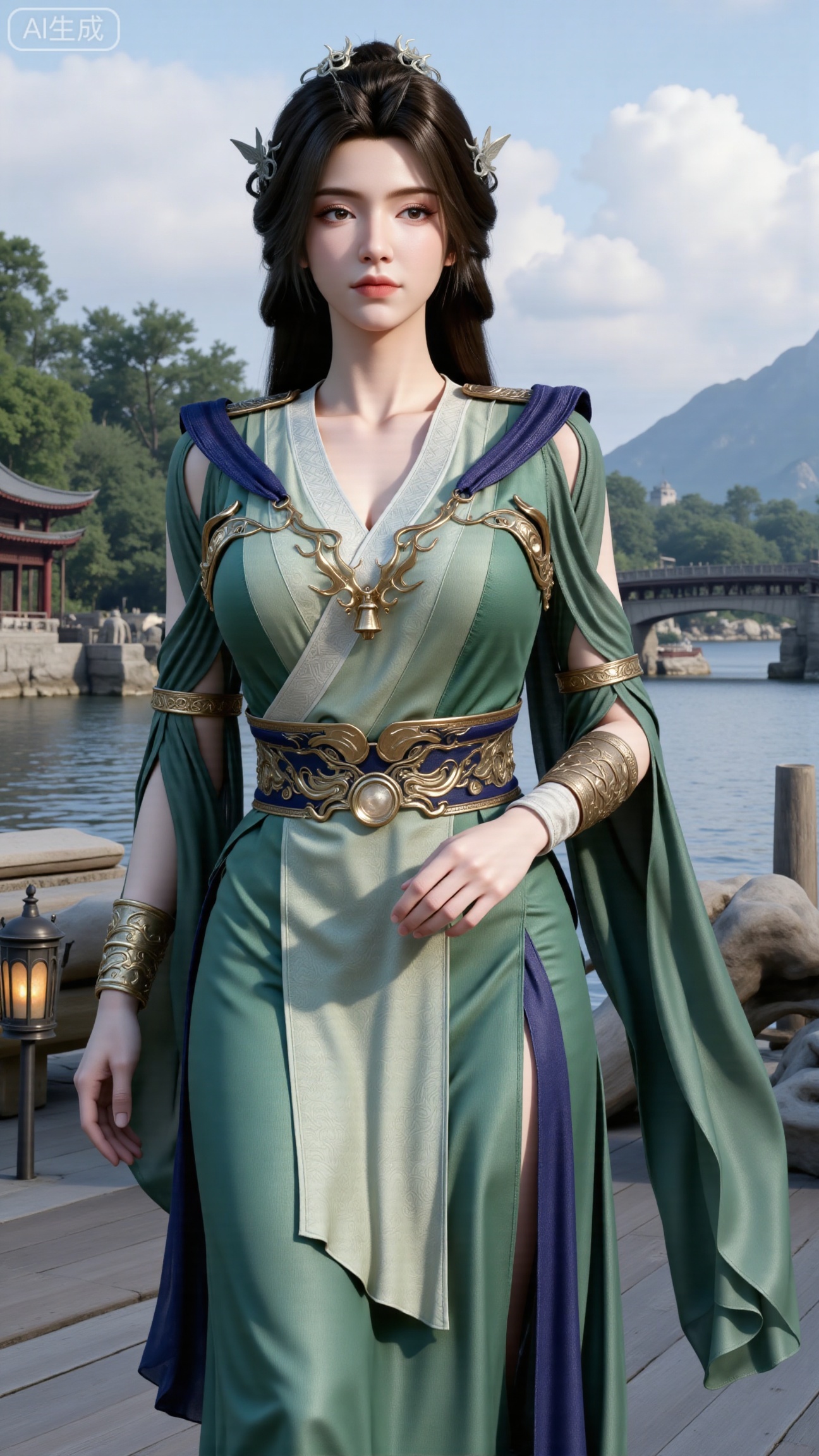 (masterpiece, best quality:1.2),1 girl, solo, long hair, black hair, hair accessories, clothing, cleavage cuts, long dress, jewelry, upper body, earrings. Background is outdoor, sky, clouds, water, trees, architecture, landscape, lantern, mountain, dragon, architecture, bridge, east Asian architecture, fog, pagoda,,(huge breasts:2.99),(full breasts:2.99),,Xbigbreasts,XbaifengsongyuYH,XzhenniteH,XliuyuH,XfenghuangqipaoXF,XfenghuangqipaoXF,Xyuanyaohongqun,Xyuanyaomuyu,Xyuanyaoxizao,Xyuanyaohongyi,Xqixiucosplay,Xyechangong,XyechangongXF,XxinruyinXM,XhanyunzhiX,Xzhaoxinmeng,XhanyunzhiXM