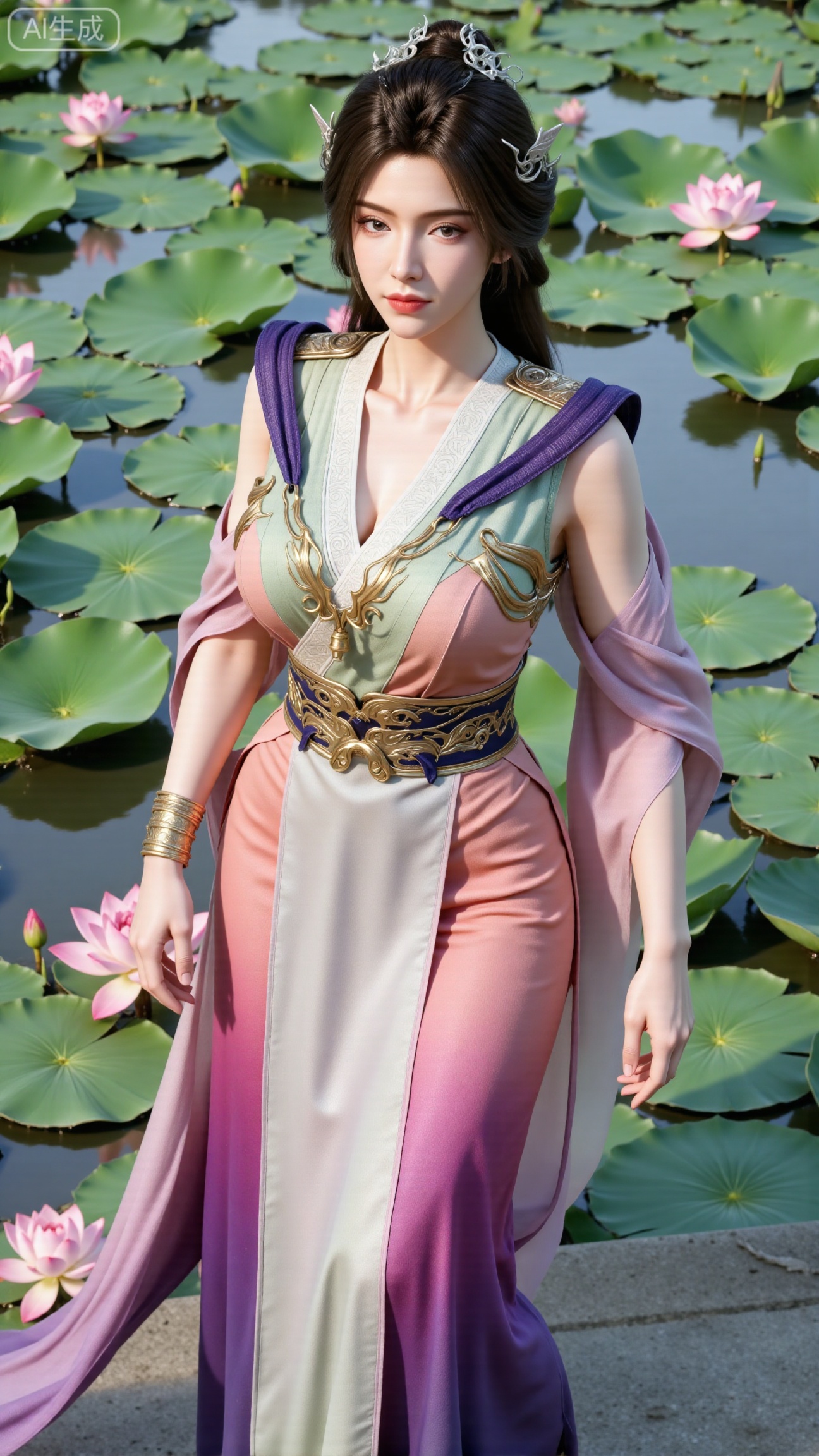 (masterpiece, best quality:1.2),1girl, navel, solo, midriff, bare shoulders, hair ornament,(long hair),(High double ponytail:1.19), red lips, BREAK, (looking at viewer:1.39), chinese clothes,(Holographic Color long dress:1.36), (lace,Rainbow Gradient Color:1.28), BREAK,blurry, solo focus, long hair, lips, daytime, lipstick, outdoors, standing,upper body,(huge breasts:2.89), background, solo, makeup,(Stockings, high heels:1.29),(huge breasts:2.99),(full breasts:2.99),,(Background with lotus pond and pink lotus flowers:1.39),,Xbigbreasts,XbaifengsongyuYH,XzhenniteH,XliuyuH,XfenghuangqipaoXF,XfenghuangqipaoXF,Xyuanyaohongqun,Xyuanyaomuyu,Xyuanyaoxizao,Xyuanyaohongyi,Xqixiucosplay,Xyechangong,XyechangongXF,XxinruyinXM,XhanyunzhiX,Xzhaoxinmeng,XhanyunzhiXM