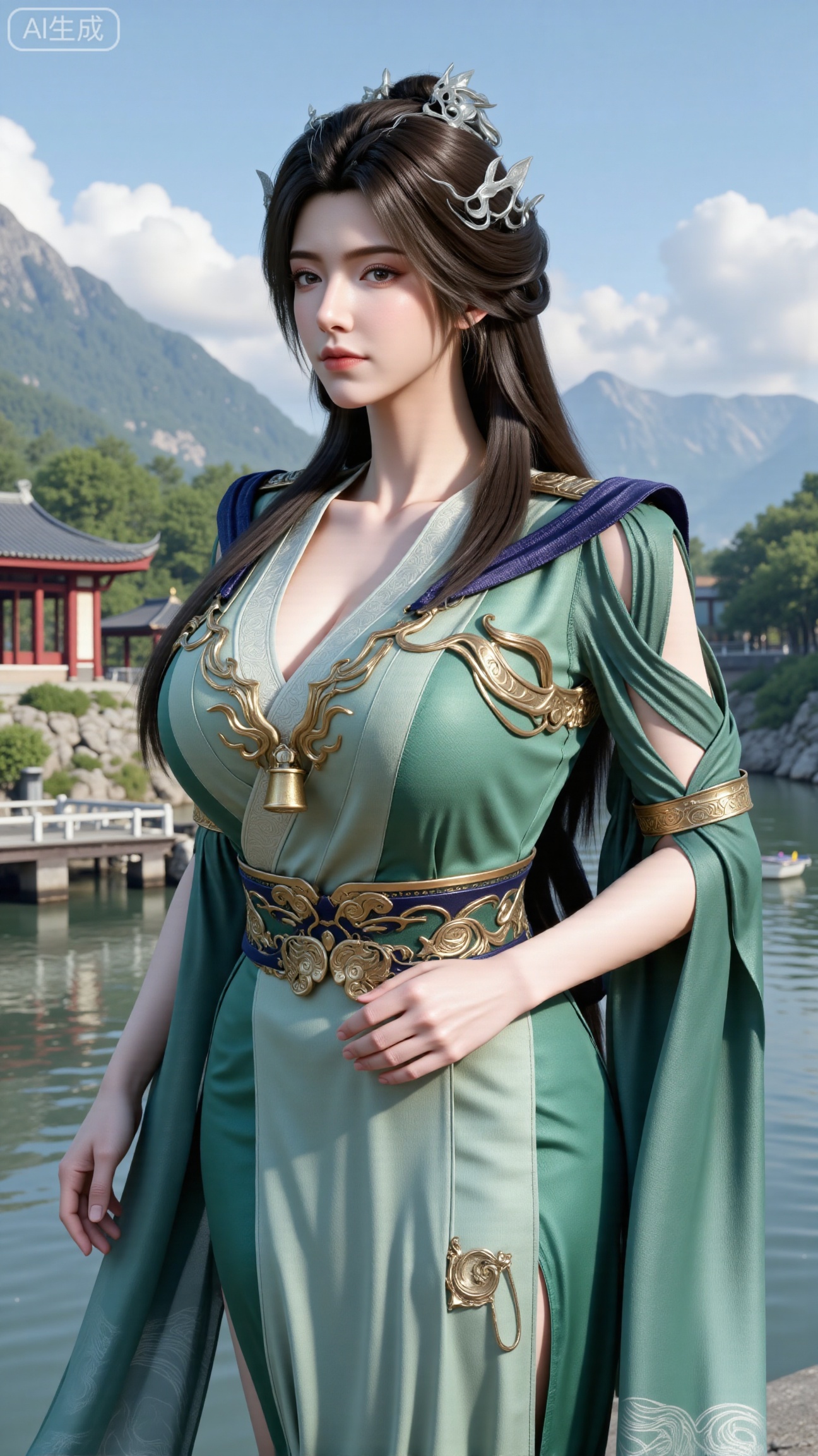 (masterpiece, best quality:1.2),1 girl, solo, long hair, black hair, hair accessories, clothing, cleavage cuts, long dress, jewelry, upper body, earrings. Background is outdoor, sky, clouds, water, trees, architecture, landscape, lantern, mountain, dragon, architecture, bridge, east Asian architecture, fog, pagoda,,(huge breasts:2.99),(full breasts:2.99),,Xbigbreasts,XbaifengsongyuYH,XzhenniteH,XliuyuH,XfenghuangqipaoXF,XfenghuangqipaoXF,Xyuanyaohongqun,Xyuanyaomuyu,Xyuanyaoxizao,Xyuanyaohongyi,Xqixiucosplay,Xyechangong,XyechangongXF,XxinruyinXM,XhanyunzhiX,Xzhaoxinmeng,XhanyunzhiXM
