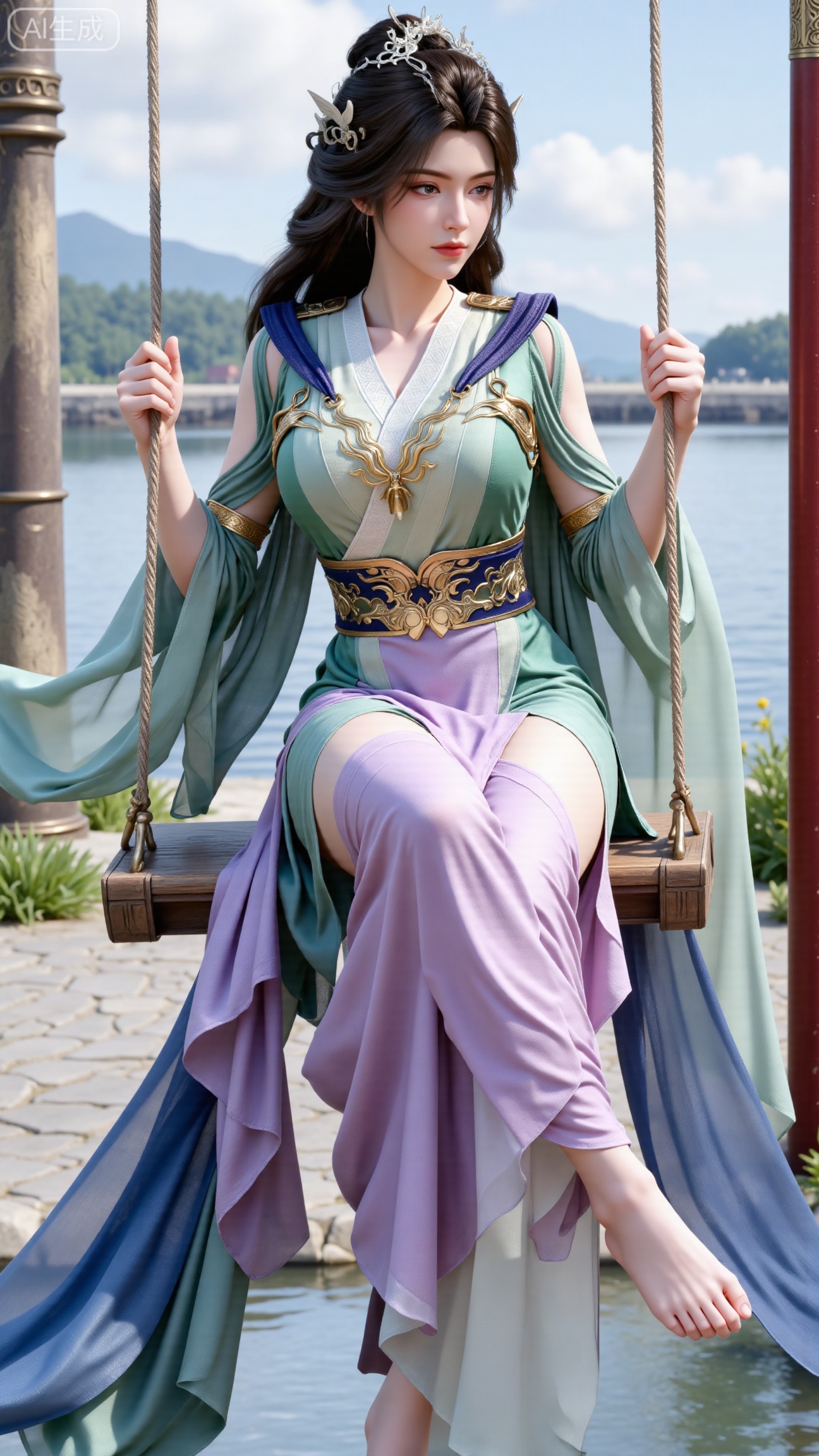 (masterpiece, top quality, best quality, official art, beautiful and aesthetic:1.2),Dynamic posture,(,Sitting on the swing:1.39),natural skin texture,(Milky skin:1.2),1gir,solo,Dress, (Long legs, perfect proportions:1.2),(Sakura, butterfly:1.29),(huge breasts:2.99),(full breasts:2.99),castle, waterfall, mountains in the distance,,Xbigbreasts,XbaifengsongyuYH,XzhenniteH,XliuyuH,XfenghuangqipaoXF,XfenghuangqipaoXF,Xyuanyaohongqun,Xyuanyaomuyu,Xyuanyaoxizao,Xyuanyaohongyi,Xqixiucosplay,Xyechangong,XyechangongXF,XxinruyinXM,XhanyunzhiX,Xzhaoxinmeng,XhanyunzhiXM
