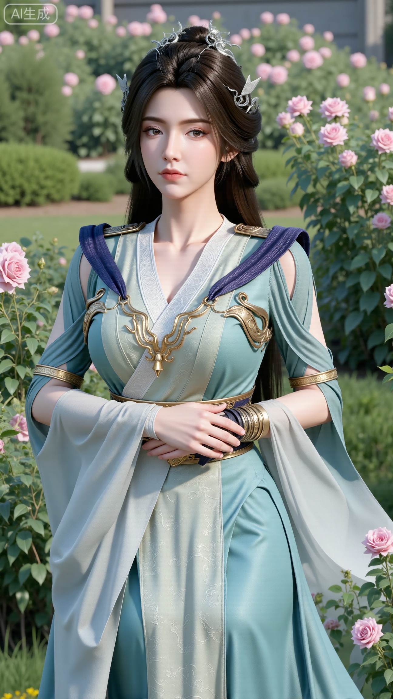 (masterpiece:1.2),best quality,,A woman adorned in traditional Chinese attire,( dress,black long hair),featuring a flowing robe with intricate embroidery and floral accents. A garden filled with pink roses and lush greenery. Soft pastel hues of white,blue,and green,creating a serene atmosphere. Photorealistic photography.,(huge breasts:2.99),(full breasts:2.99),,Xbigbreasts,XbaifengsongyuYH,XzhenniteH,XliuyuH,XfenghuangqipaoXF,XfenghuangqipaoXF,Xyuanyaohongqun,Xyuanyaomuyu,Xyuanyaoxizao,Xyuanyaohongyi,Xqixiucosplay,Xyechangong,XyechangongXF,XxinruyinXM,XhanyunzhiX,Xzhaoxinmeng,XhanyunzhiXM