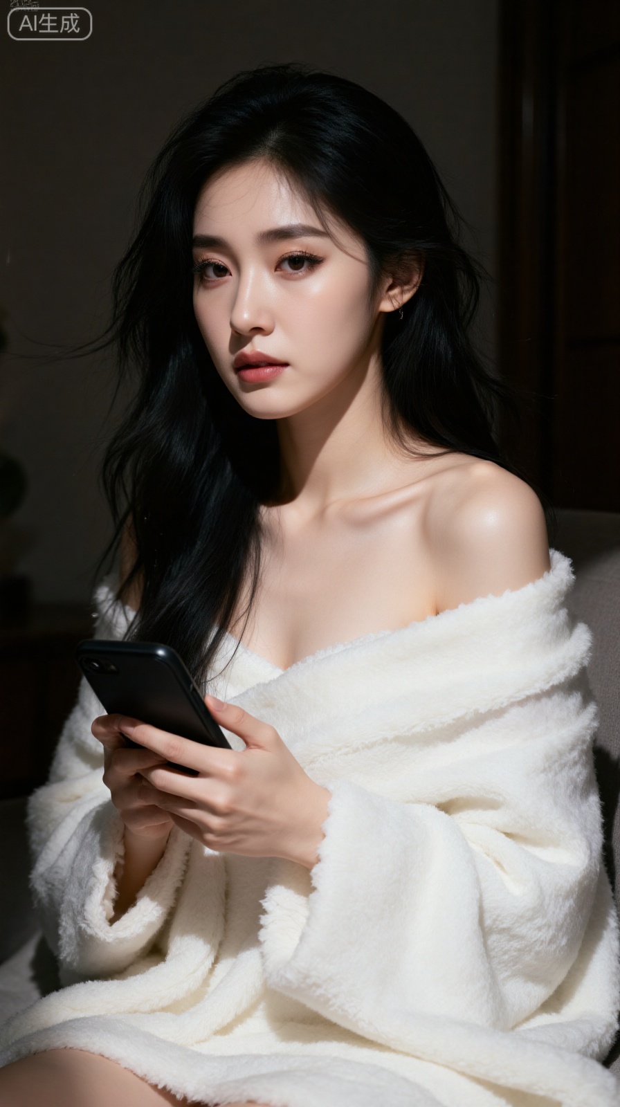 A super high-quality beauty, with long hair covering half of her face, cold and white skin, she is indifferent to life. Looking at her mobile phone, her facial features, close-ups, finely portrayed, dark light, sofa, realistic, photo, movie texture, sadness, high-definition, master quality photos, the medium-scene lens retains the scene atmosphere and highlights the characters, and light and shadow outline the outline of the characters, highlighting the texture of the clothing and the gloss of the accessories, and color contrast (character clothes and background light) enhances the visual focus, conveying a high-end and fashionable style.
The modern style that perfectly blends film aesthetics and modern fashion creates a visual feast, proud and upright figure, oriental beauty model, face close-up, facial focus, beautiful, long eyelashes, real-life realistic, super real skin, fair and tender texture, fluffy details, dynamic hair, flying long hair, messy hair tips, hair luster, realistic and realistic, CG illustration, 3D high-precision modeling rendering, OC rendering Dynamic range, three-dimensional lip reflection, delicate skin texture Soft 8K ultra-clear Real-person proportional modeling, movie-level depth of field, precise facial anatomy, macro photography lighting technology, dynamic expression capture, woman wrapped in a blanket, exposed shoulders,
Extreme clarity is presented, and the face is filled with light. Smoothly removes all noise, oriental beauty, god-level face, level 10 beauty. The clean and smooth picture style is as clear as porcelain white, with an extremely clear and smooth mirror texture style, and is compressed with 32K pixels to make it extremely clear.