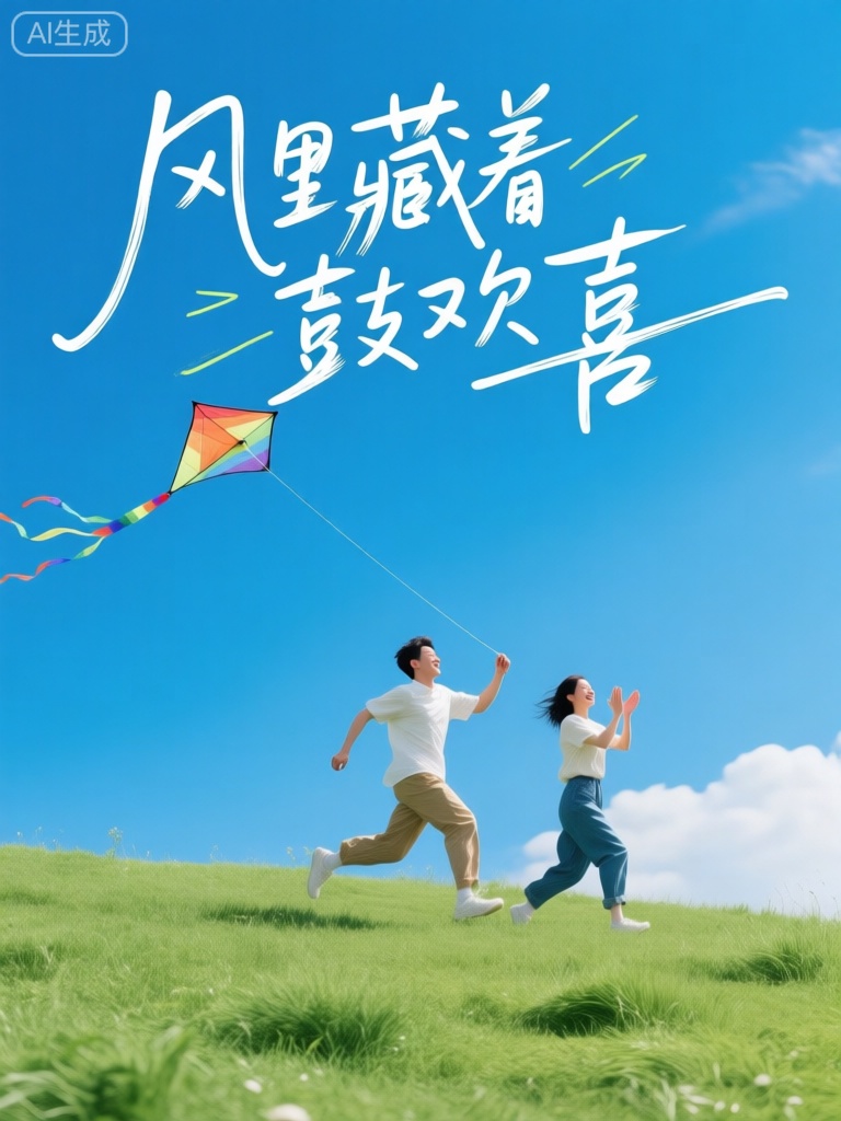mlxqx,背景是蓝天和绿色草地,草地上有两人,一人牵着风筝线奔跑,一人在旁拍手鼓劲。上方有白色手写风格的“风里藏着欢喜” 文字,传递出共享欢乐时光的美好。