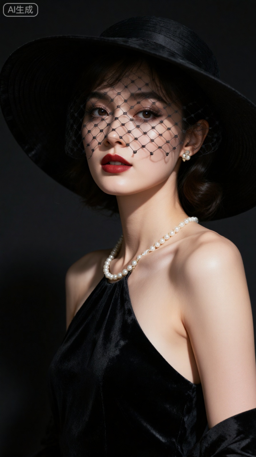 Retro film style, close-up of a cool and beautiful woman with fair and flawless ceramic skin, slender eyelashes, black and gray iris, classic Hepburn-style hair style, wearing a black large-brimmed mesh hat (hazy tulle covering effect), mesh covers the entire face, mysterious and elegant aristocratic temperament. The finishing touch of the flame red lips, the warm pearl earrings and necklaces, and the folds of the velvet dress flow with the texture of time. OC rendering engine, super fine CG details: skin translucent, lip gloss reflective, pearl luster, mesh texture, velvet material, 16K resolution, movie-level lighting, dark background highlighting characters.
