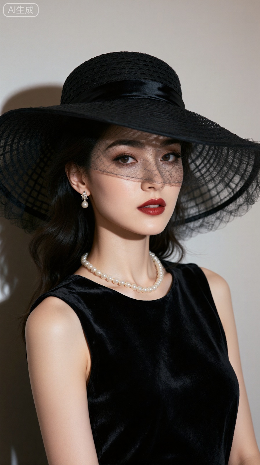 Retro film style, close-up of a cool and beautiful woman with fair and flawless ceramic skin, slender eyelashes, black and gray iris, classic Hepburn-style hair style, wearing a black large-brimmed mesh hat (hazy tulle covering effect), mesh covers the entire face, mysterious and elegant aristocratic temperament. The finishing touch of the flame red lips, the warm pearl earrings and necklaces, and the folds of the velvet dress flow with the texture of time. OC rendering engine, super fine CG details: skin translucent, lip gloss reflective, pearl luster, mesh texture, velvet material, 16K resolution, movie-level lighting, dark background highlighting characters.