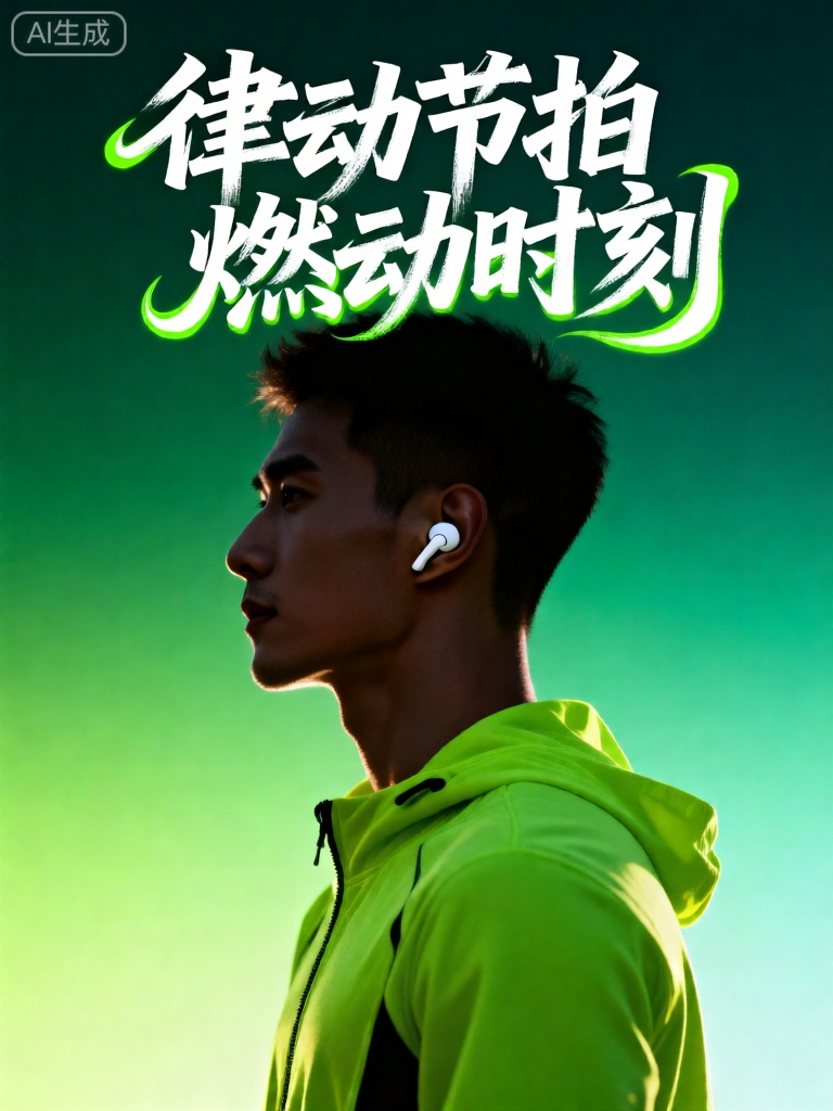 sasylnhb,背景是绿色渐变,中间是一位戴着白色耳机、穿着荧光绿连帽衫的人物侧身像。上方有白色带绿色描边的“律动节拍燃动时刻” 文字。