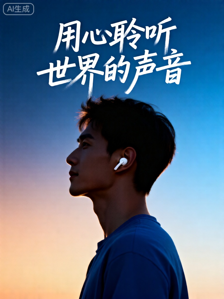 sasylnhb,背景是蓝橙渐变的天空,中间是一位戴着白色耳机、穿着蓝色上衣的人物侧身像。上方有白色的“用心聆听世界的声音” 文字。
