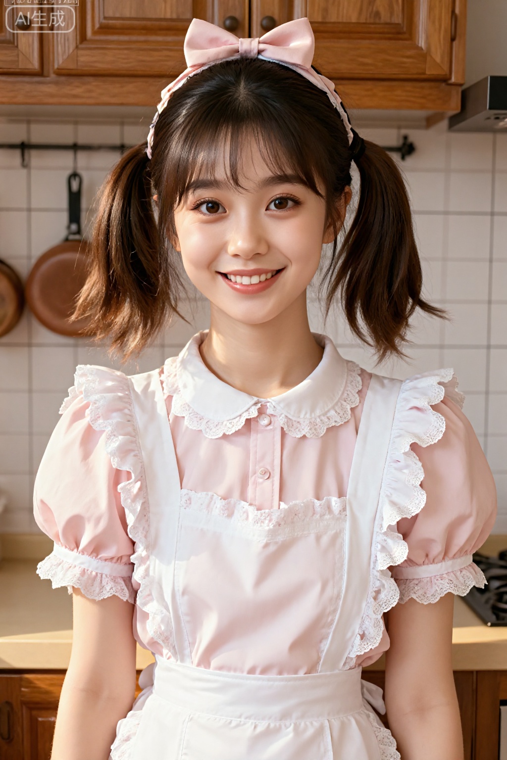A 1girl scene where a solo girl is looking directly at the viewer with a warm smile. She has brown hair styled into a neat ponytail with a hair bow. She is wearing a pink dress and an apron, giving her a maid-like appearance. Her brown eyes sparkle with joy. The setting is indoors, creating a cozy and inviting atmosphere. The style is realistic, with attention to detail in her clothing and accessories. The aesthetic parameters focus on capturing the delicate balance of realism and charm, enhancing the emotional atmosphere of warmth and comfort.
