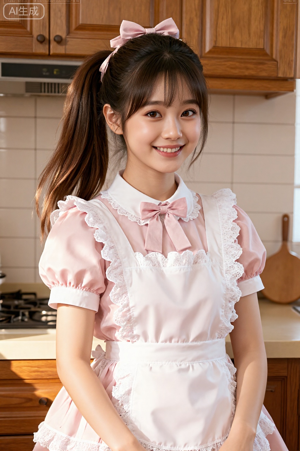 A 1girl scene where a solo girl is looking directly at the viewer with a warm smile. She has brown hair styled into a neat ponytail with a hair bow. She is wearing a pink dress and an apron, giving her a maid-like appearance. Her brown eyes sparkle with joy. The setting is indoors, creating a cozy and inviting atmosphere. The style is realistic, with attention to detail in her clothing and accessories. The aesthetic parameters focus on capturing the delicate balance of realism and charm, enhancing the emotional atmosphere of warmth and comfort.
