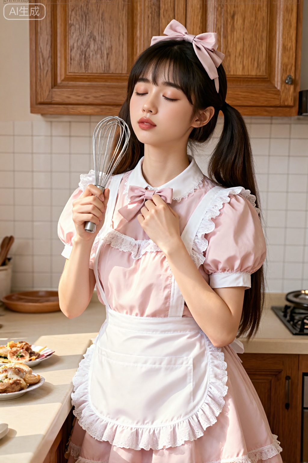 A 1girl solo with long brown hair and black hair, styled in blunt bangs and twintails, is standing in a cozy indoor kitchen. She wears a pink dress with puffy short sleeves and a white apron. Her hair is adorned with a hair bow and frills, and she has closed eyes as she holds a whisk, looking peaceful. On the table, there is food, and her lips are painted with a pink bow. The scene is rendered in a realistic style, capturing the detailed textures and soft lighting of the kitchen environment.
