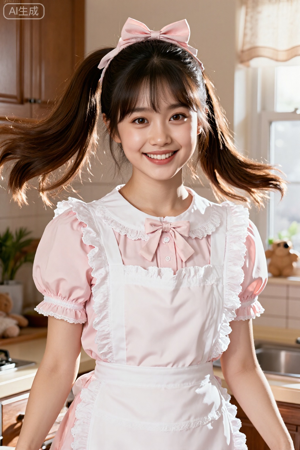 A 1girl scene where a solo girl is looking directly at the viewer with a warm smile. She has brown hair styled into a neat ponytail with a hair bow. She is wearing a pink dress and an apron, giving her a maid-like appearance. Her brown eyes sparkle with joy. The setting is indoors, creating a cozy and inviting atmosphere. The style is realistic, with attention to detail in her clothing and accessories. The aesthetic parameters focus on capturing the delicate balance of realism and charm, enhancing the emotional atmosphere of warmth and comfort.