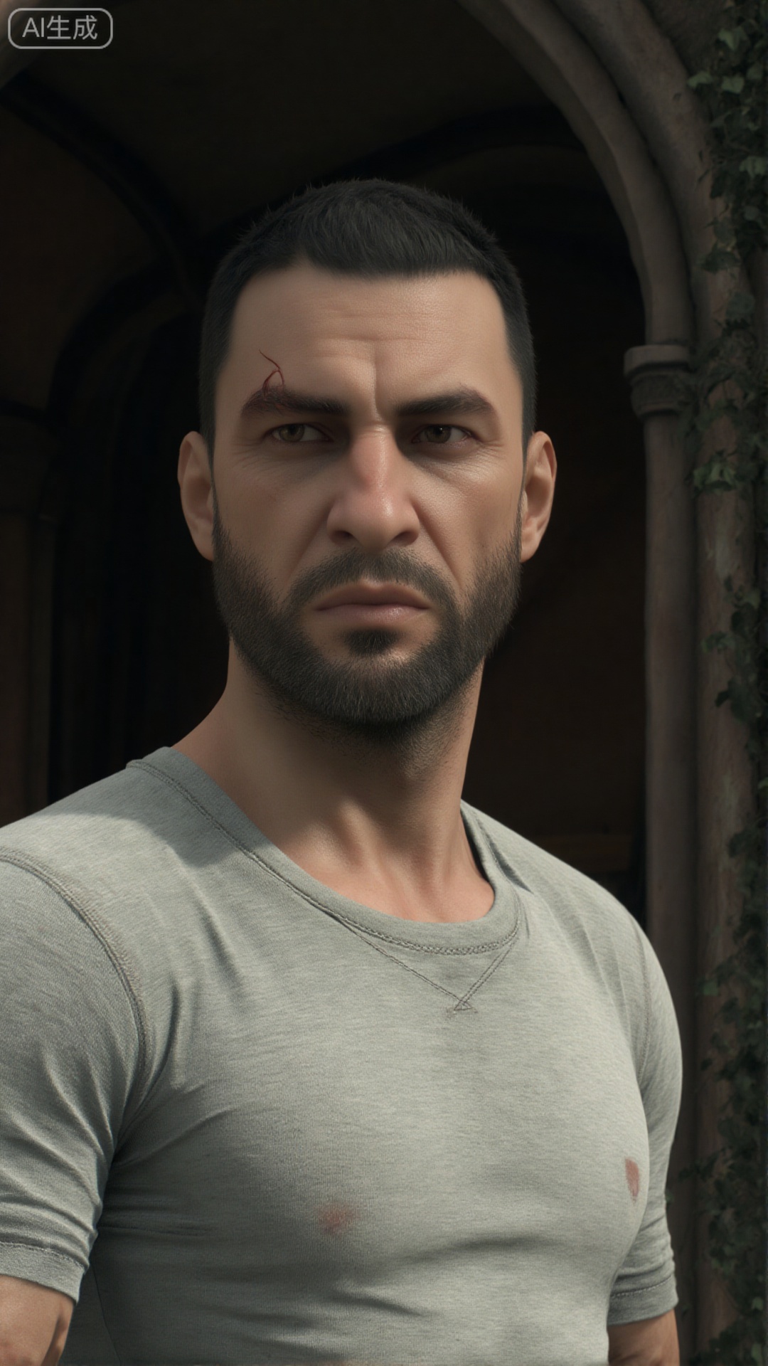 1man,Crane,
a close-up shot of a man stands in front of an arched doorway. The man's face is adorned with a gray t-shirt with a short-sleeved button-down collar. His hair is short and receding and he's sporting a goatee. 
His eyes are squinted and his lips are pursed. 
His eyebrows are a dark brown adding a pop of color to the scene. 
The background is a dark shade of brown and the tree trunks on the right side of the frame are covered in ivy.
3D


