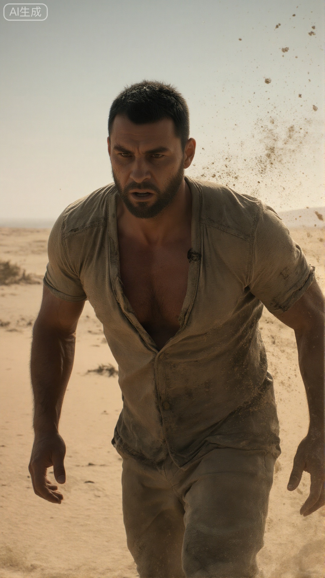 In a desolate desert environment, Kyle Crane, a man with a well - built chest and a voluptuous figure, is struggling forward under the blazing sun. He's wearing a tattered khaki shirt, and his face is covered with dust. His determined eyes are fixed on the distant horizon. The strong desert wind howls, carrying sand particles that sting his skin. The hot sun beats down, making the air shimmers. Despite the harsh conditions, he exudes an unyielding spirit, creating an atmosphere of perseverance. High quality, bright, high - resolution.