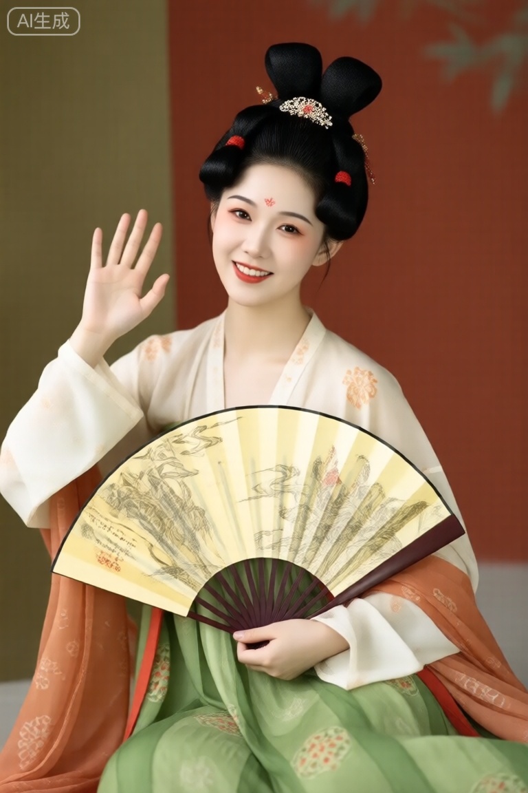 古装写真,a chinese young woman with tang dynasity hair style in hanfu, sitting with smile and waving song dynasity fan in her hand