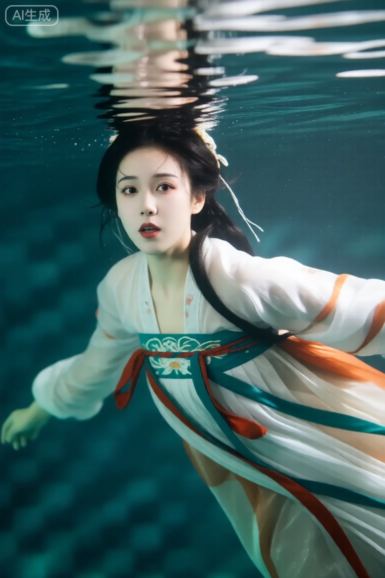 古装写真,photo of a young woman surprising under water, she is wearing hanfu
