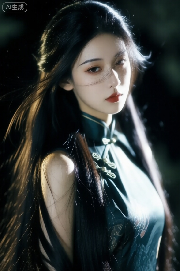 古装写真,画面中的美女长发蓬松,发丝在轮廓光与发丝光晕的映衬下,呈现出柔和的光泽发丝边缘和身体轮廓泛着柔光国风光影、移轴摄影、暗夜微光、暗黑魔幻超长蓬松闪亮细密黑直发（发丝细腻柔滑）, 精致妆容、眼眸看向镜头,脖子丝带,旗袍,头发蝴蝶结,古风庭,柔焦、华丽光影、高雅气质插画、柔和灯光、超清高细节、仙气、唯美造型（发丝蓬松细腻刻画）、高清特写、朦胧眼睛狭长、极致超清细节、光影交错对比斑斓气质,girl