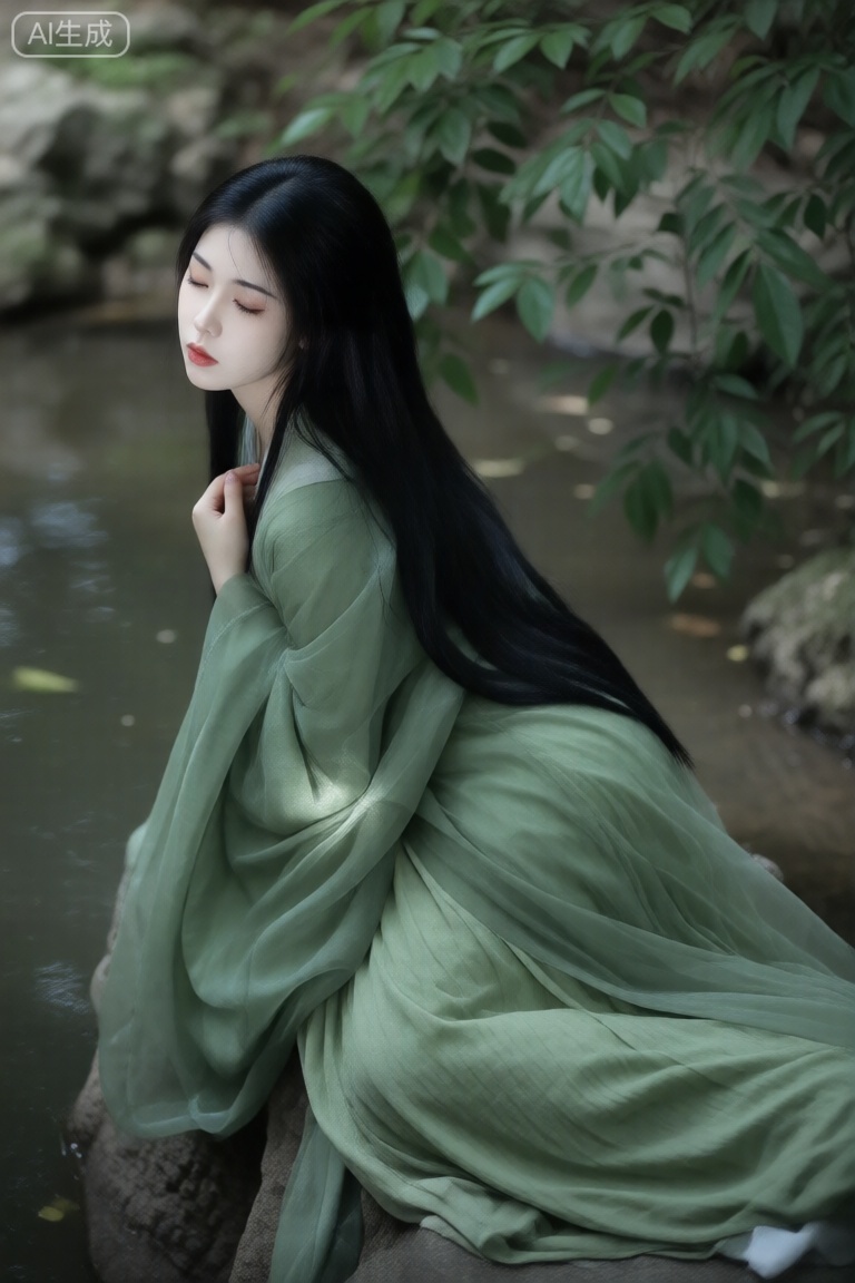 古装写真,Please cool down,beauty,This is a high-resolution photo of a young East Asian woman with long, straight black hair hanging down on her back. She sat on a rock by a calm shallow stream, surrounded by lush green plants. The woman's face had a calm, almost meditative expression, with her eyes closed and her lips slightly parted. She was wearing a traditional, flowing green robe made of soft and lightweight fabric, gently fluttering around her. This robe has a slight translucency that allows light to pass through, creating a subtle ethereal effect. Her hand gently gripped the fabric of the robe on her chest, as if gazing inward. The background is a mixture of natural elements: streams, rocks, and dense leaves, adding a peaceful and almost mysterious atmosphere to the scene. The soft and diffuse light enhances the peaceful atmosphere of the photo. The overall color tone is dominated by soft green and gentle earthy tones, forming a sharp contrast with the pale skin of women